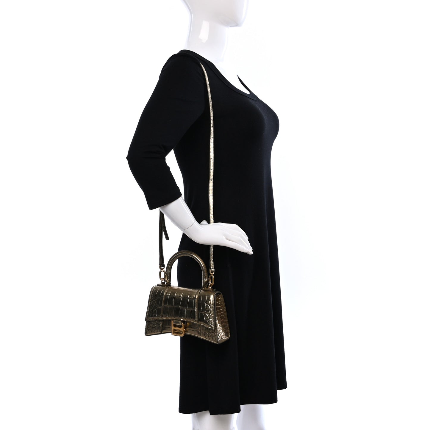 Metallic Calfskin Crocodile Embossed Hourglass Top Handle Bag XS Gold
