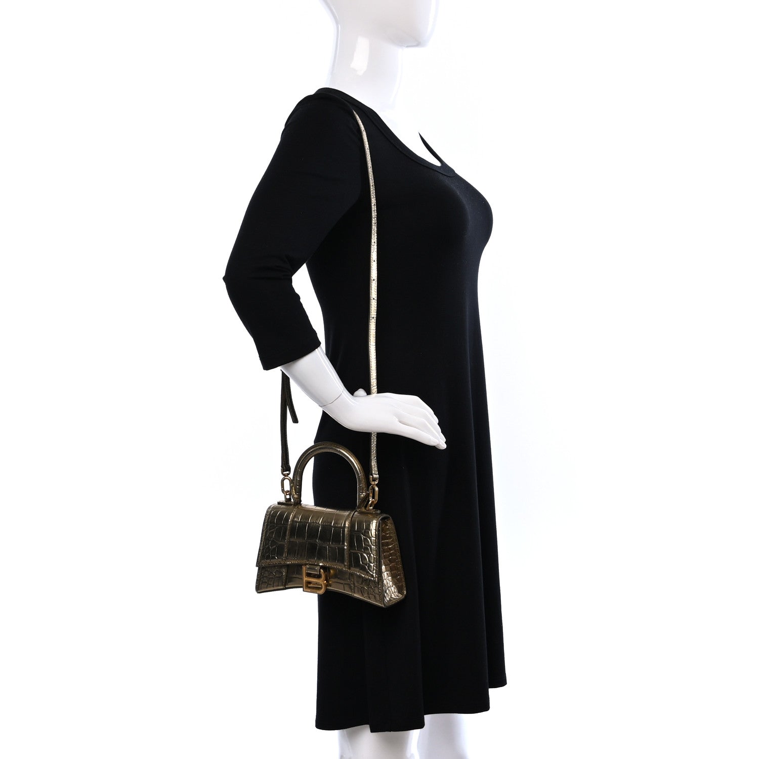 Balenciaga Metallic Calfskin Crocodile Embossed Hourglass Top Handle Bag XS Gold 2 of 14