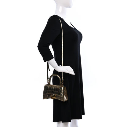 Balenciaga Metallic Calfskin Crocodile Embossed Hourglass Top Handle Bag XS Gold 2 of 14