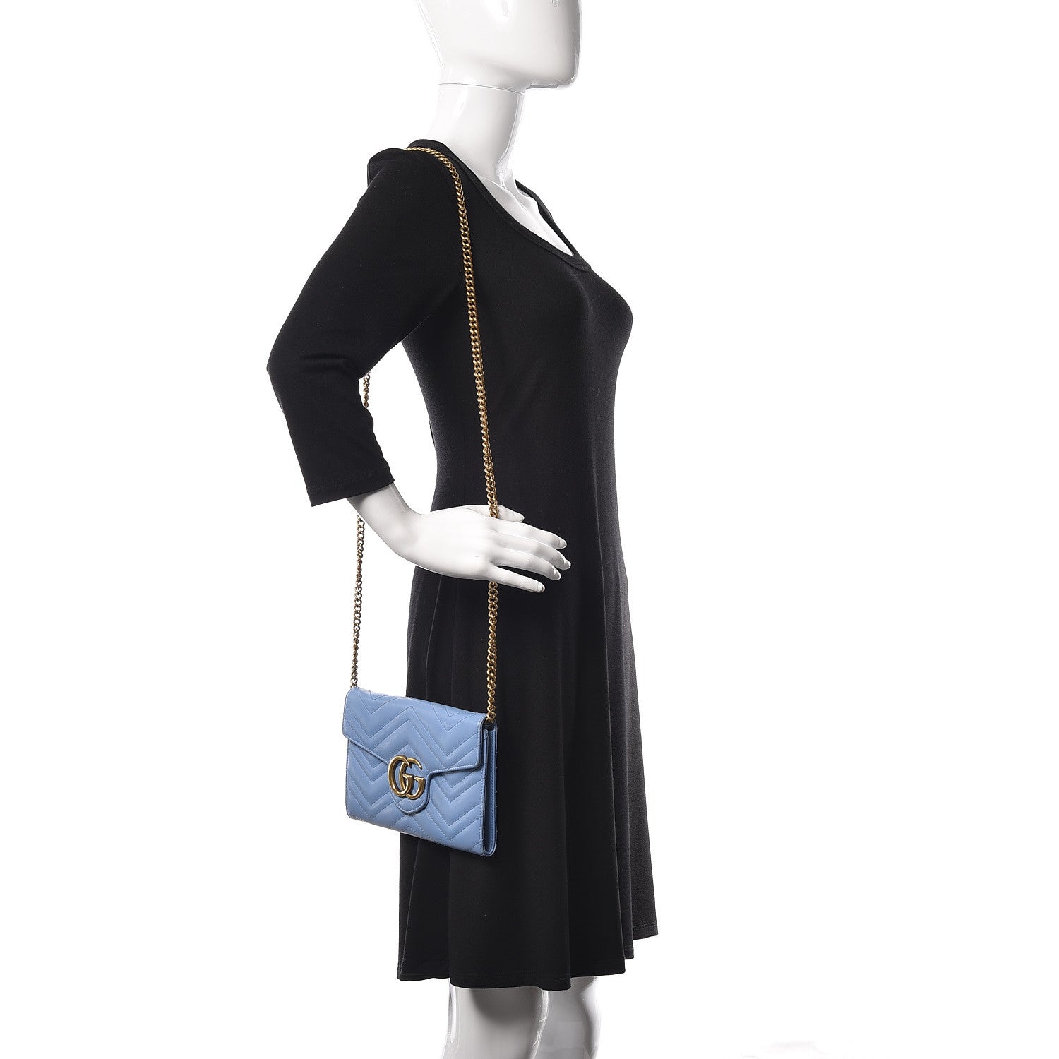 Gucci Calfskin Matelasse Mini GG Marmont Chain Wallet Clear Sky Blue 2 of 13