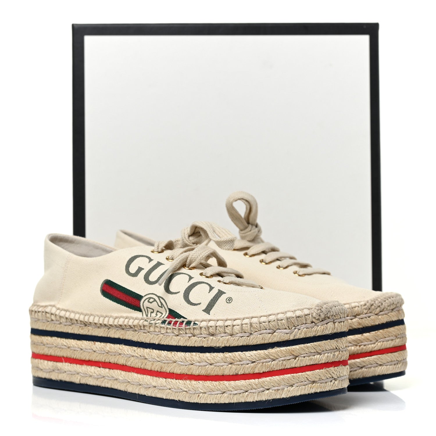 Gucci Canvas Logo Lace-Up Platform Espadrilles 39 Greggio Grege 8 of 8