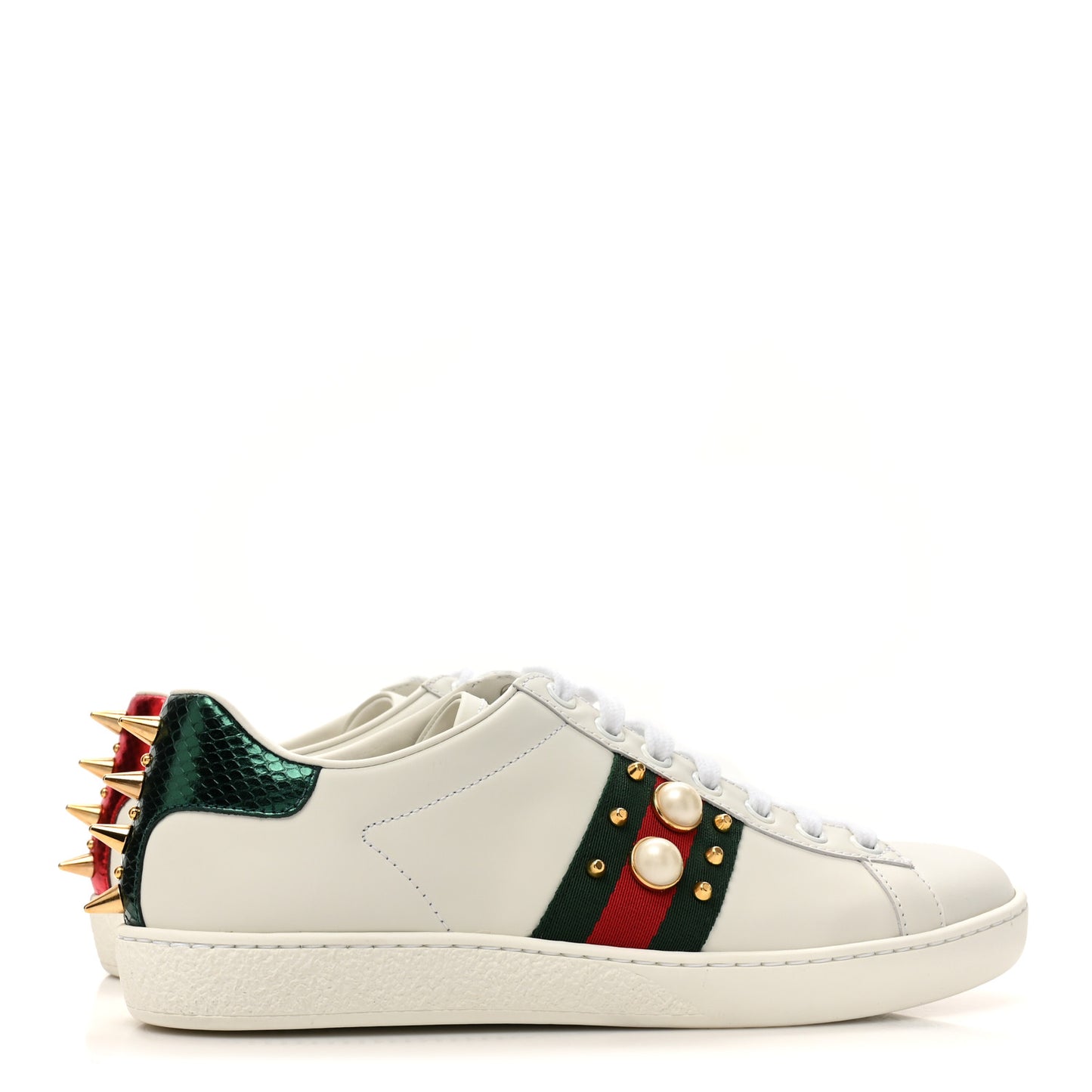 Calfskin Web Pearl Studded Womens Ace Sneakers 36 White