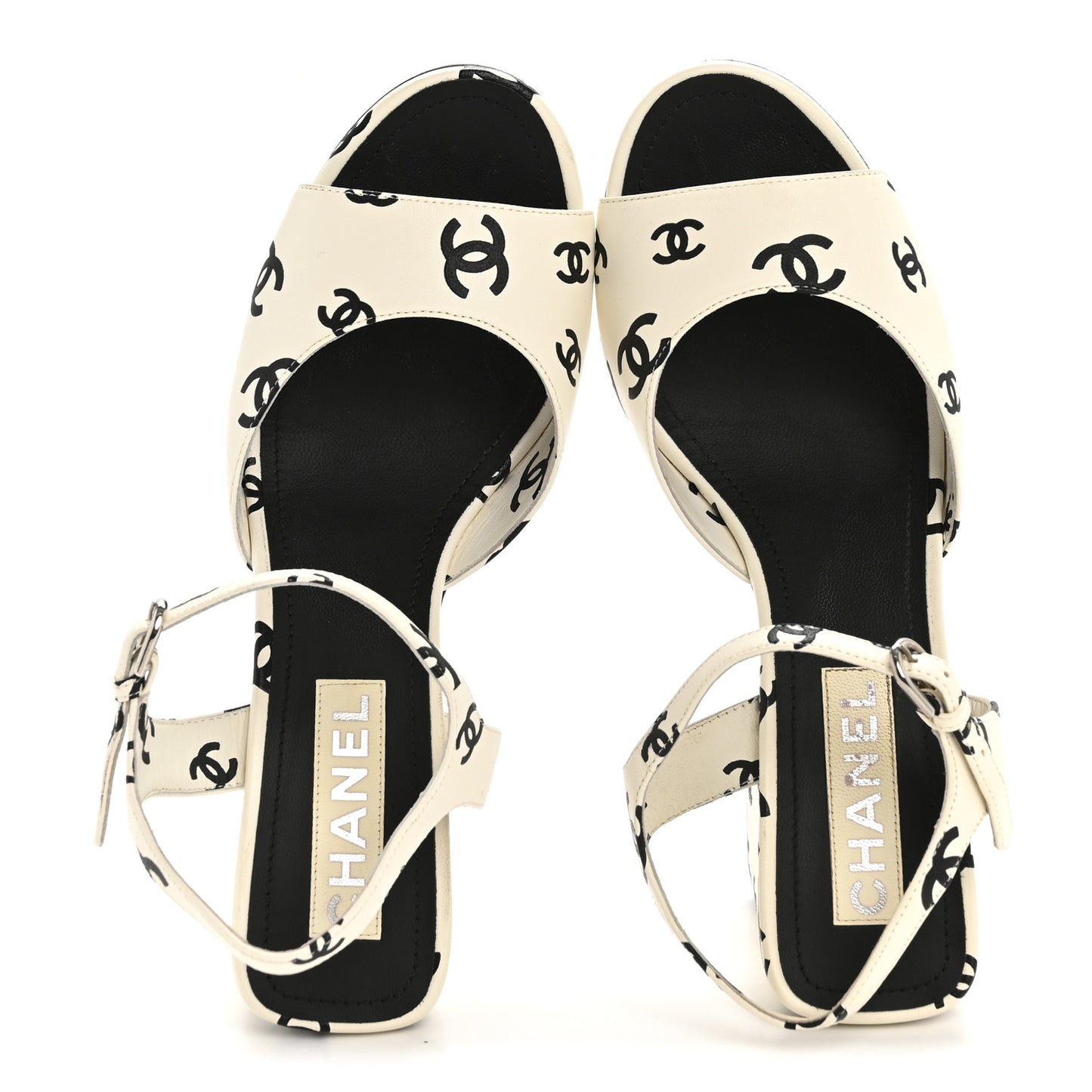 Printed Lambskin CC Sandals 41 White Black