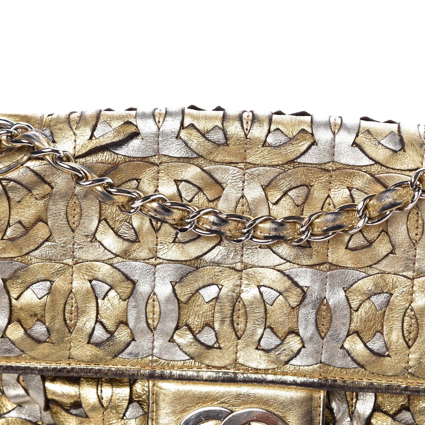 Metallic Crackled Calfskin Medium CC Mix Flap Gold Silver
