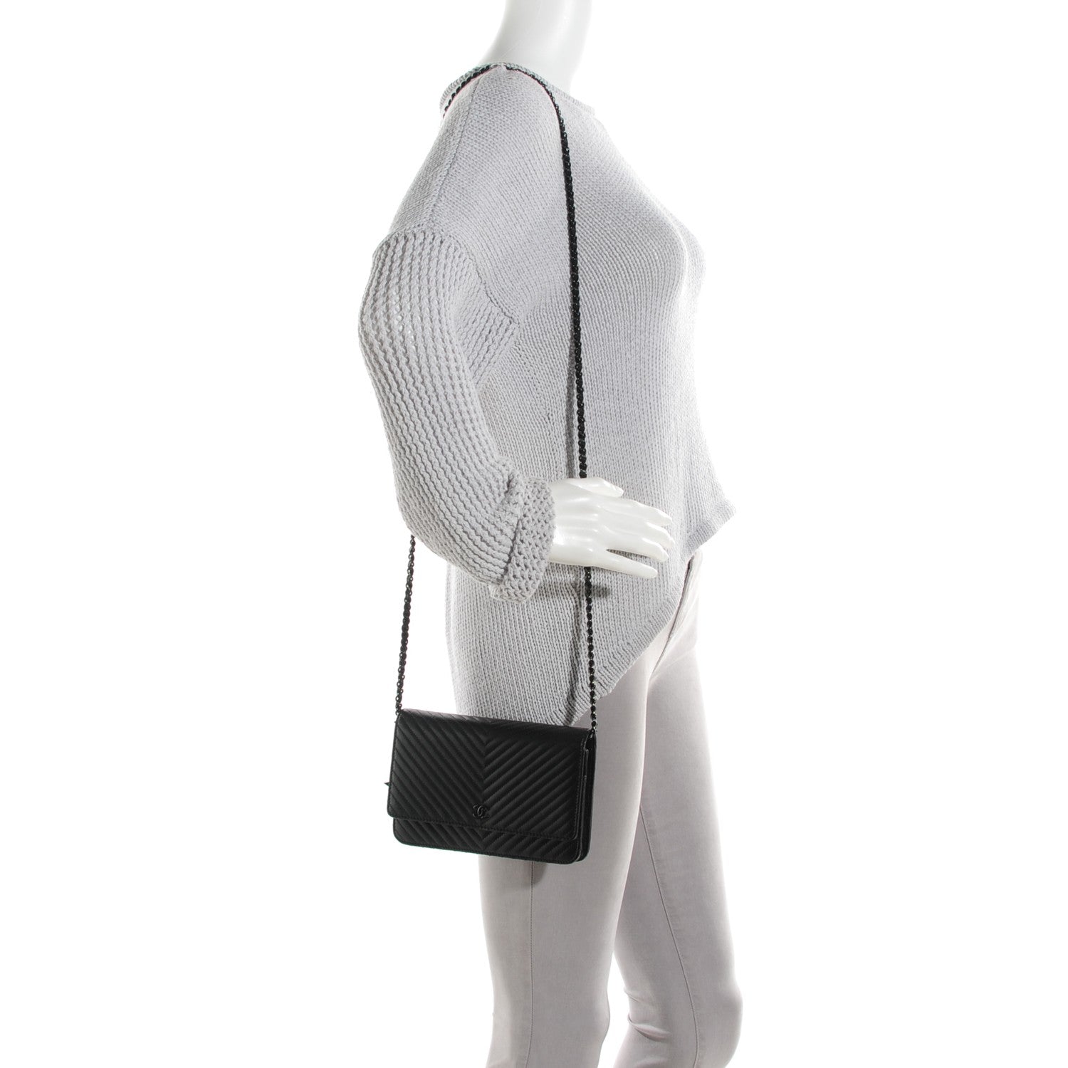 Chanel Calfskin Chevron Wallet On Chain WOC So Black 2 of 8