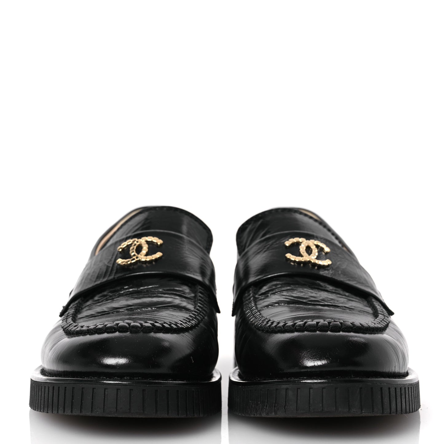 Shiny Crumpled Calfskin CC Mocassin Loafers 39 Black
