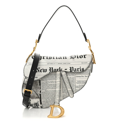 Christian Dior Calfskin Newspaper Printed Saddle Bag With Strap Black White 1 of 13