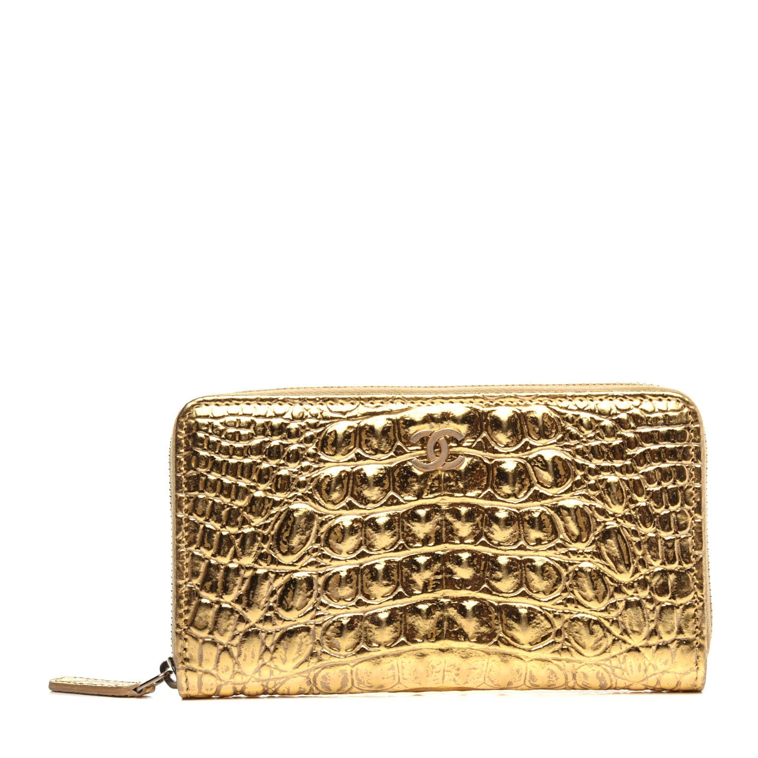Chanel Metallic Calfskin Crocodile Embossed Small Zip Wallet Gold 1 of 9