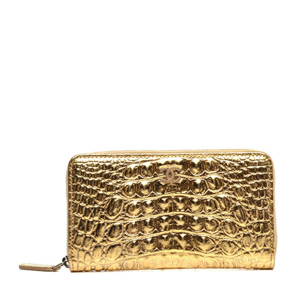 Chanel Metallic Calfskin Crocodile Embossed Small Zip Wallet Gold 1 of 9