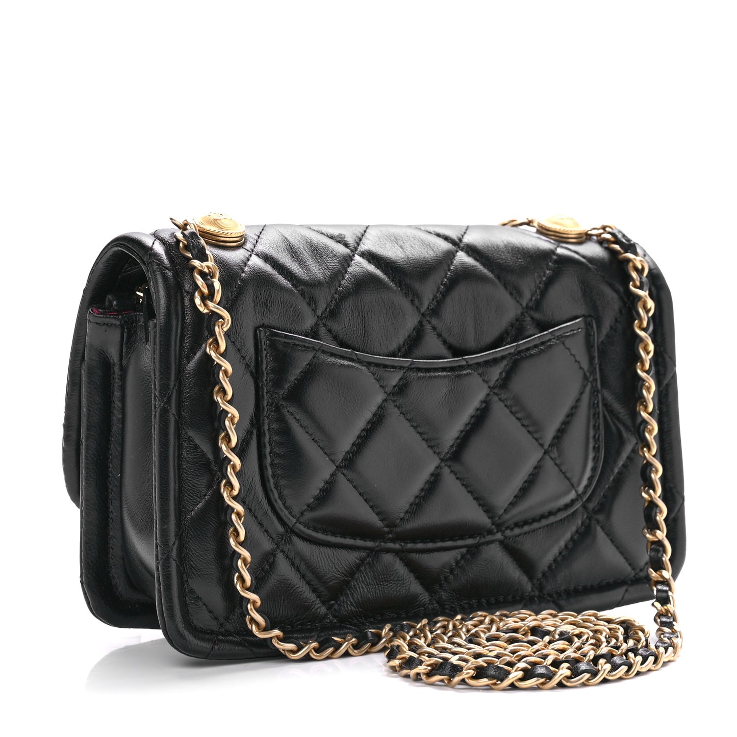 Shiny Lambskin Flap Clutch With Chain Black