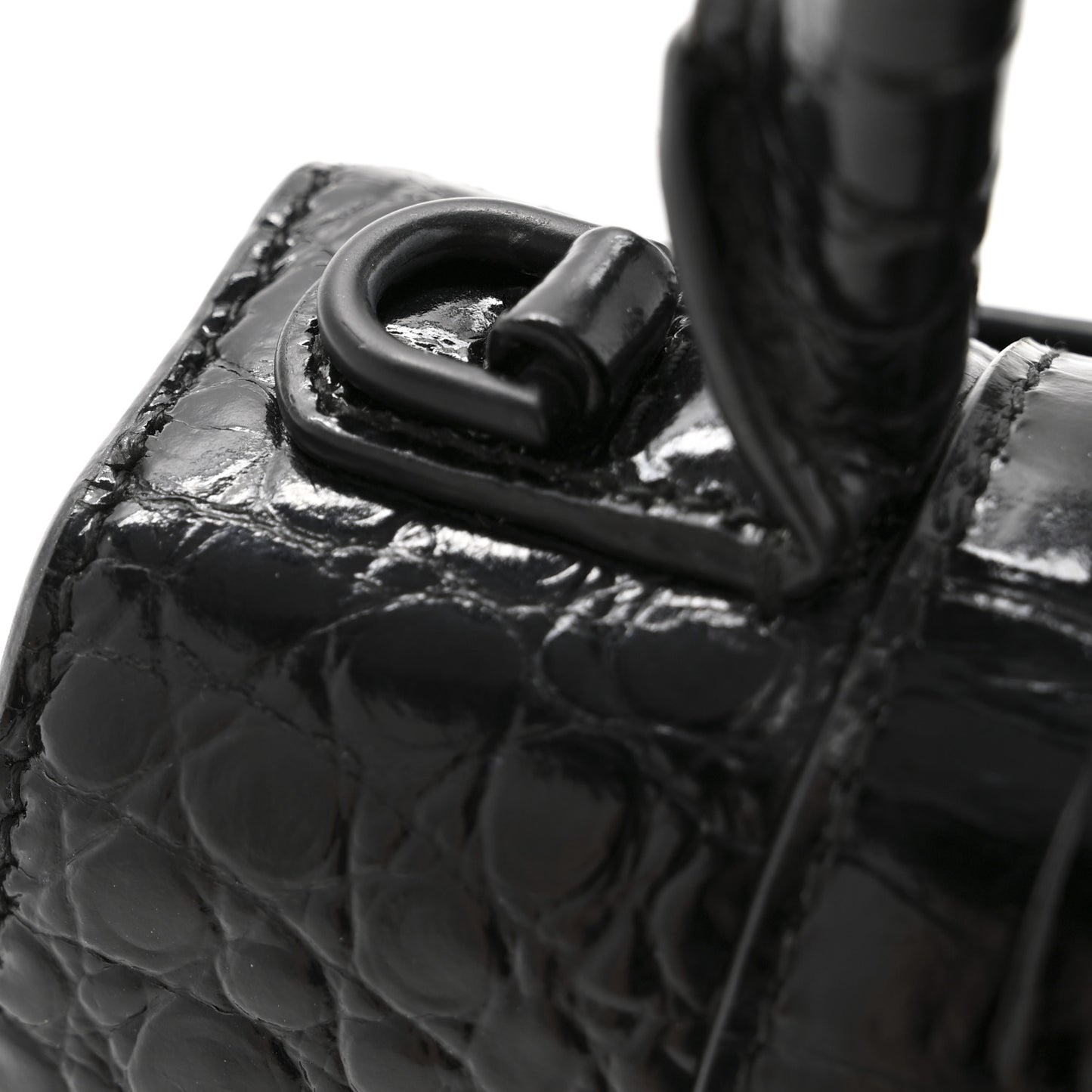 Shiny Calfskin Monochrome Crocodile Embossed Hourglass Top Handle Bag XS Black