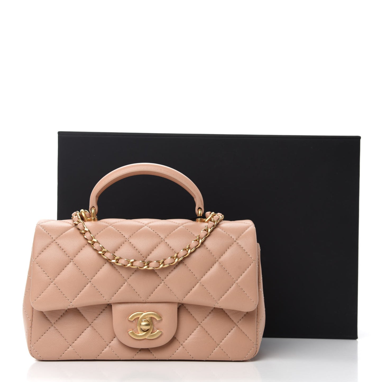 Lambskin Quilted Mini Top Handle Rectangular Flap Beige