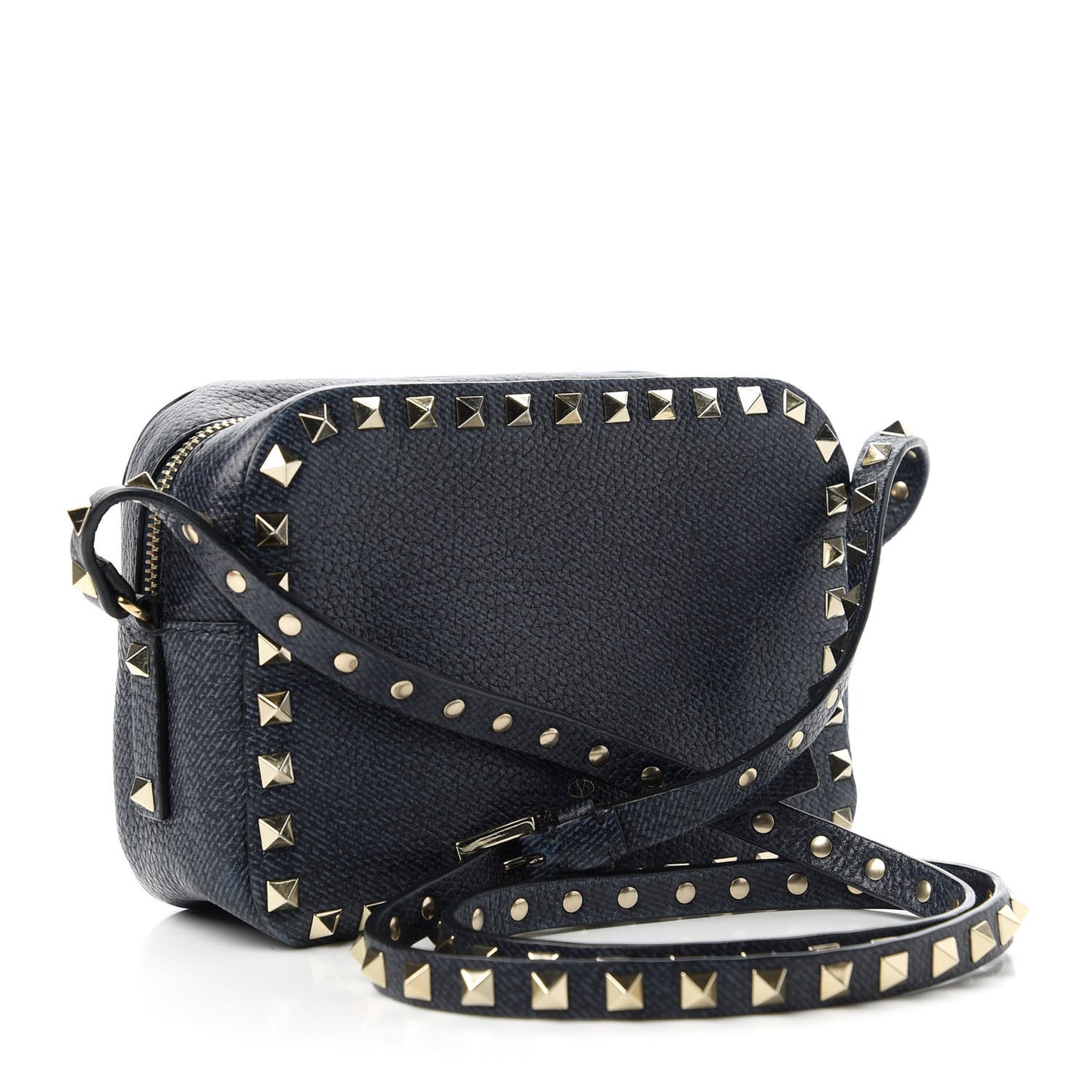 Pebbled Calfskin Rockstud Camera Crossbody Bag Deep Denim