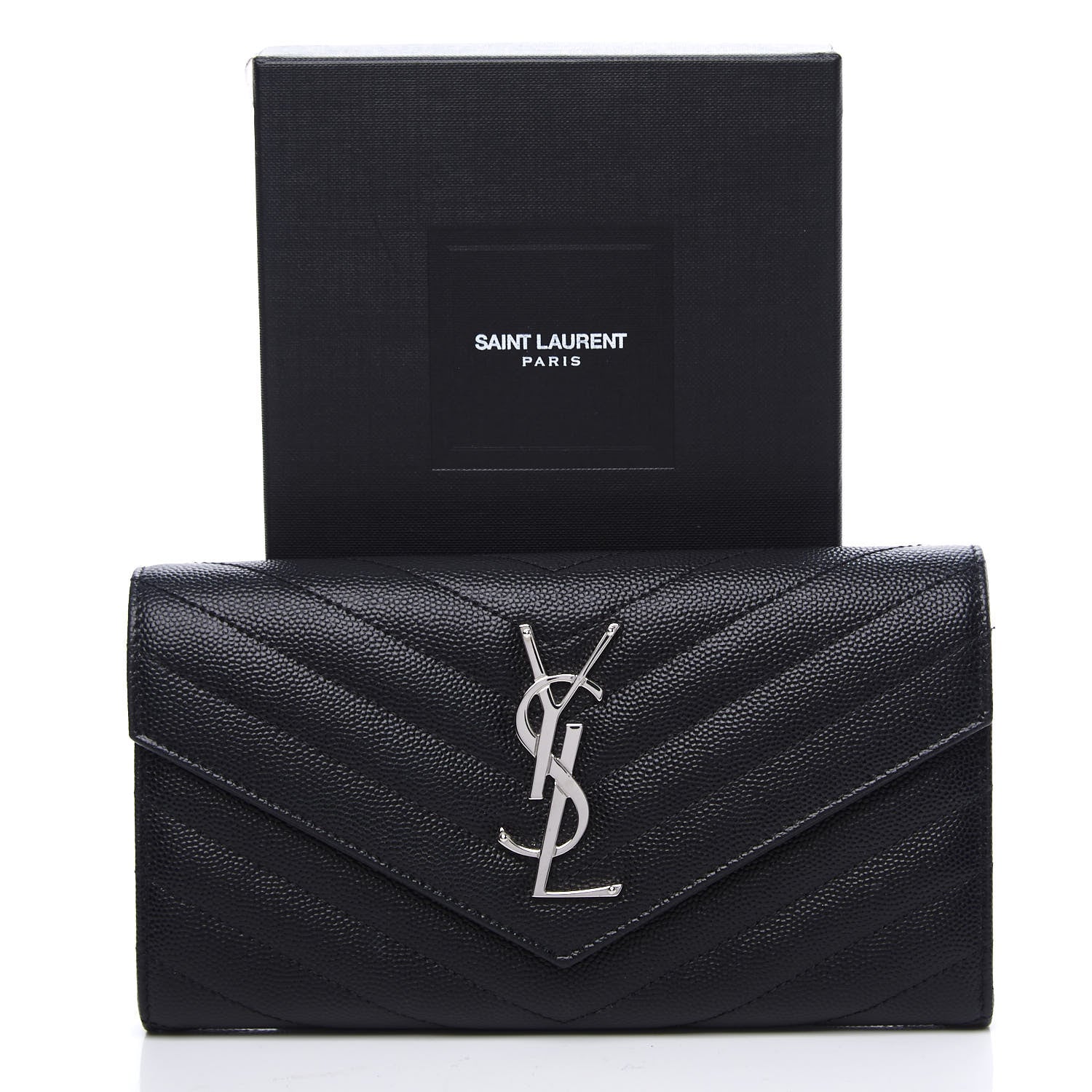 Saint Laurent Grain De Poudre Matelasse Chevron Monogram Flap Wallet Black 11 of 11