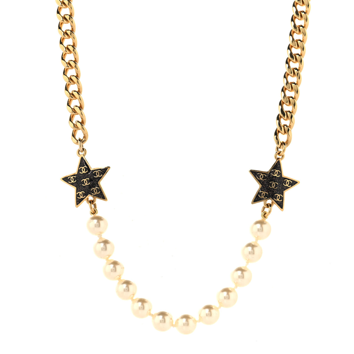 Metal Enamel Pearl Star CC Necklace Gold White