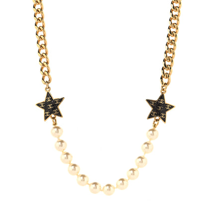 Chanel Metal Enamel Pearl Star CC Necklace Gold White 1 of 5