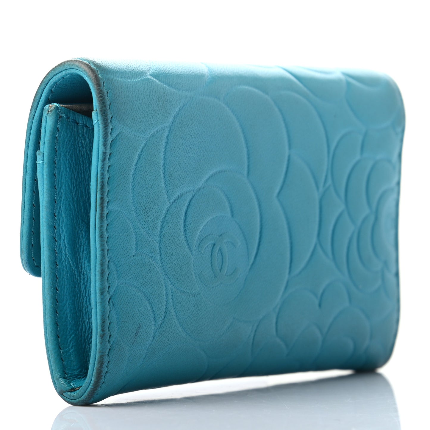Lambskin Camellia Embossed Flap Card Holder Blue