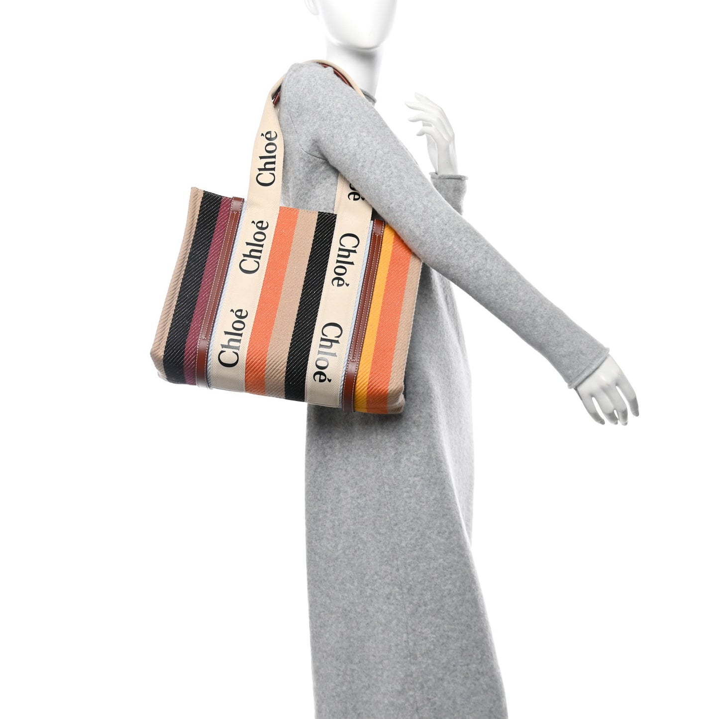 Cotton Calfskin Medium Woody Striped Tote Multicolor