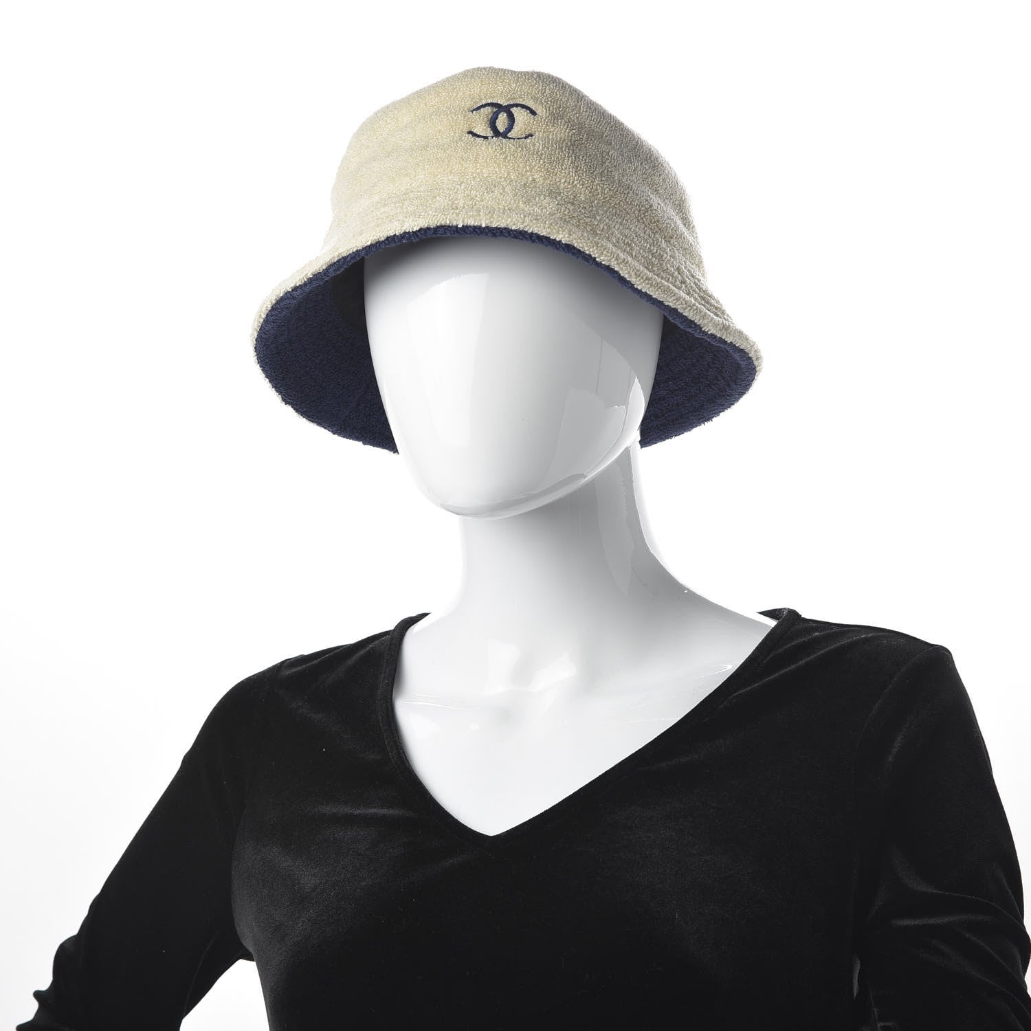 Chanel Cotton Terrycloth CC Cloche Bucket Hat L Beige Navy Blue 2 of 7
