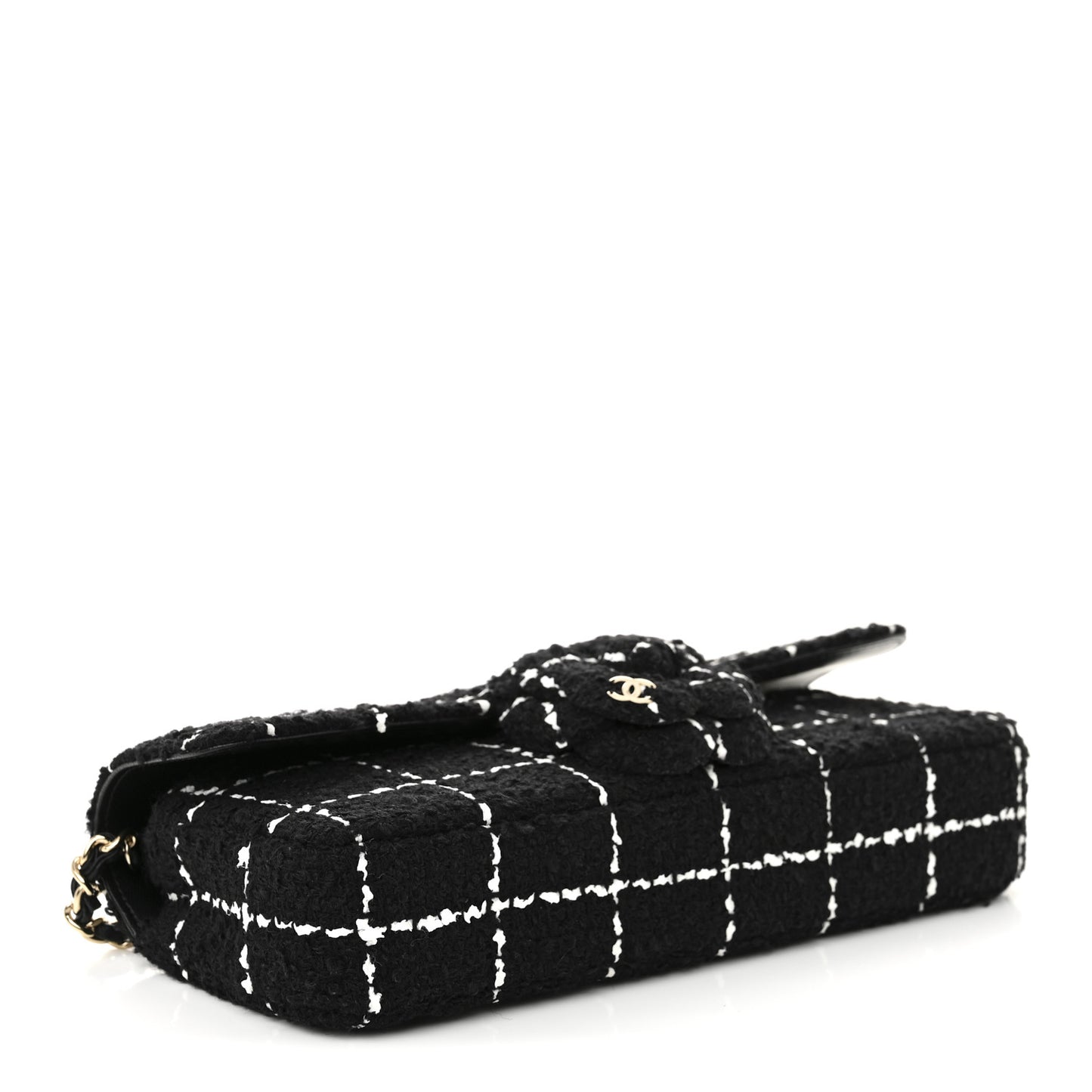 Tweed Quilted East West Camellia Clutch  Black White