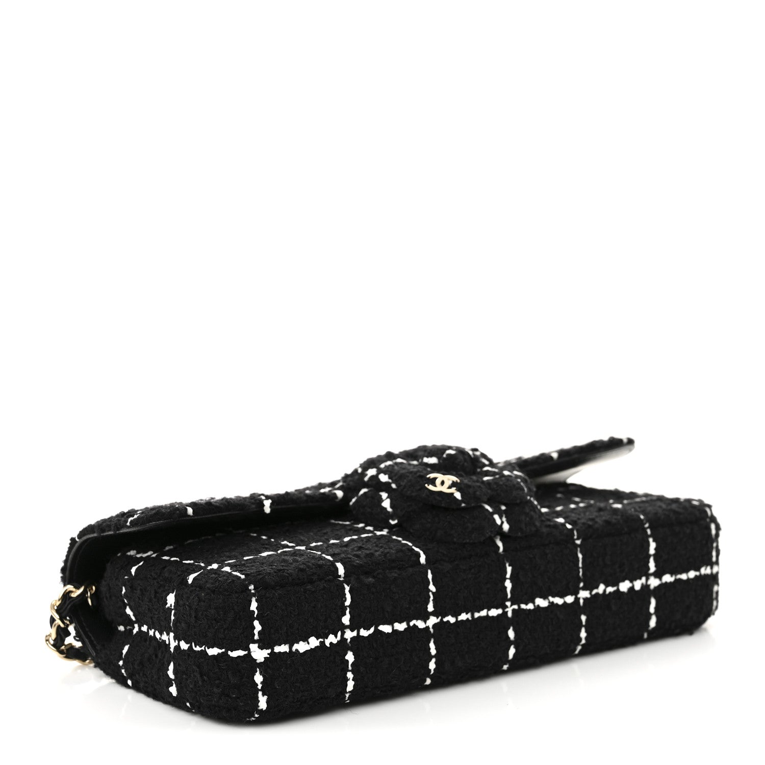 Chanel Tweed Quilted East West Camellia Clutch  Black White 4 of 11