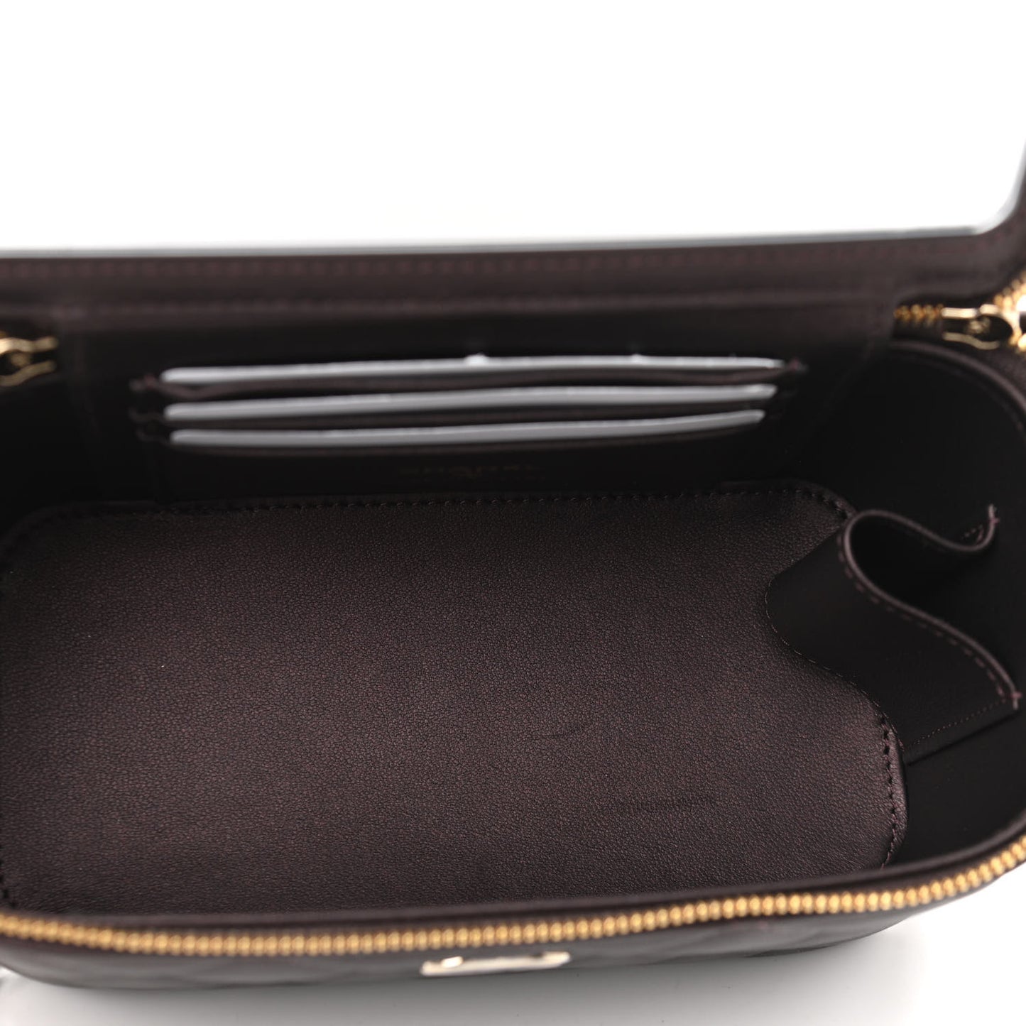 Iridescent Lambskin Quilted Small Top Handle Vanity Case With Chain Burgundy
