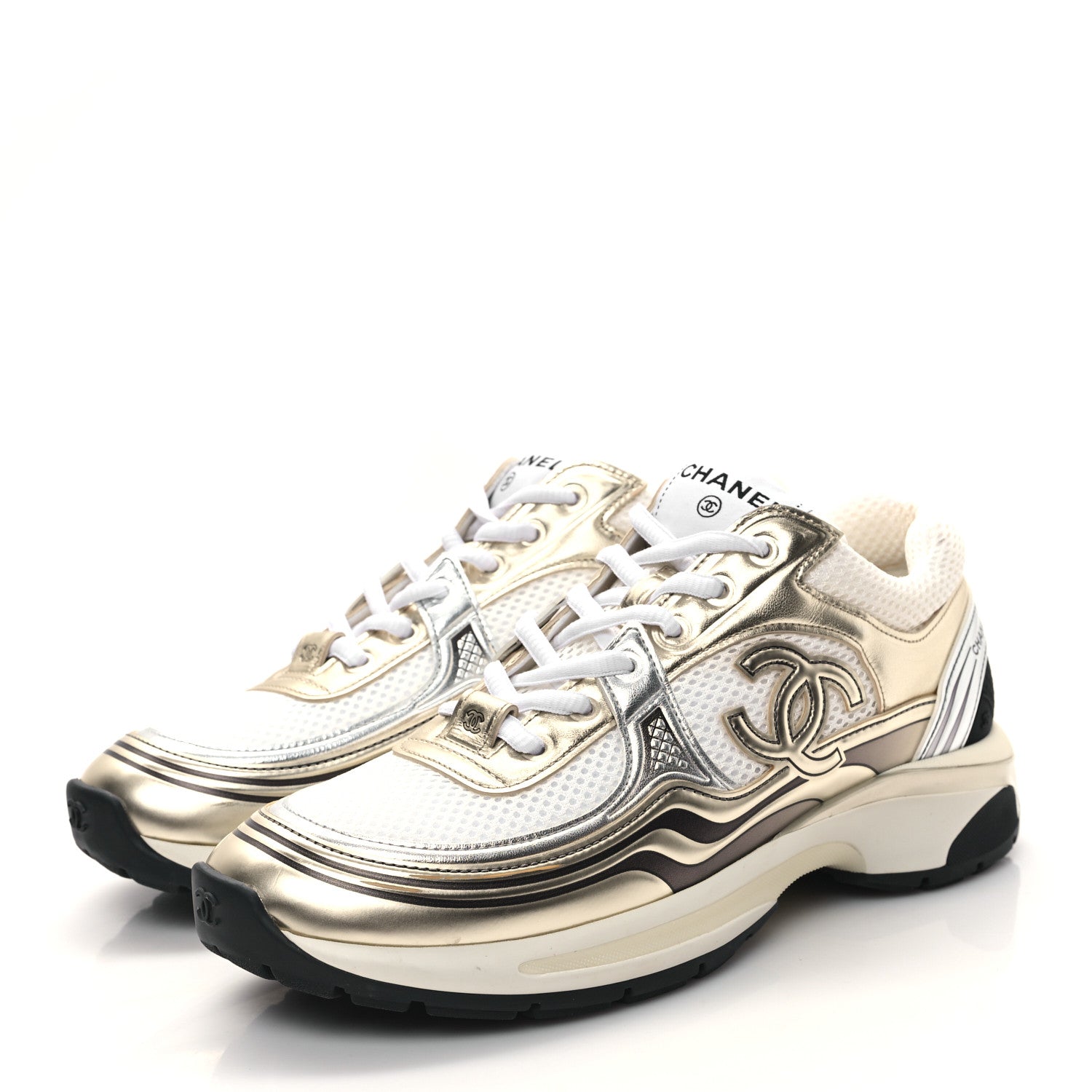Chanel Fabric Laminated Calfskin Stretch CC Womens Sneakers 38.5 White Gold Silver 3 of 8