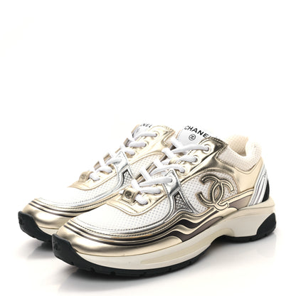 Chanel Fabric Laminated Calfskin Stretch CC Womens Sneakers 38.5 White Gold Silver 3 of 8