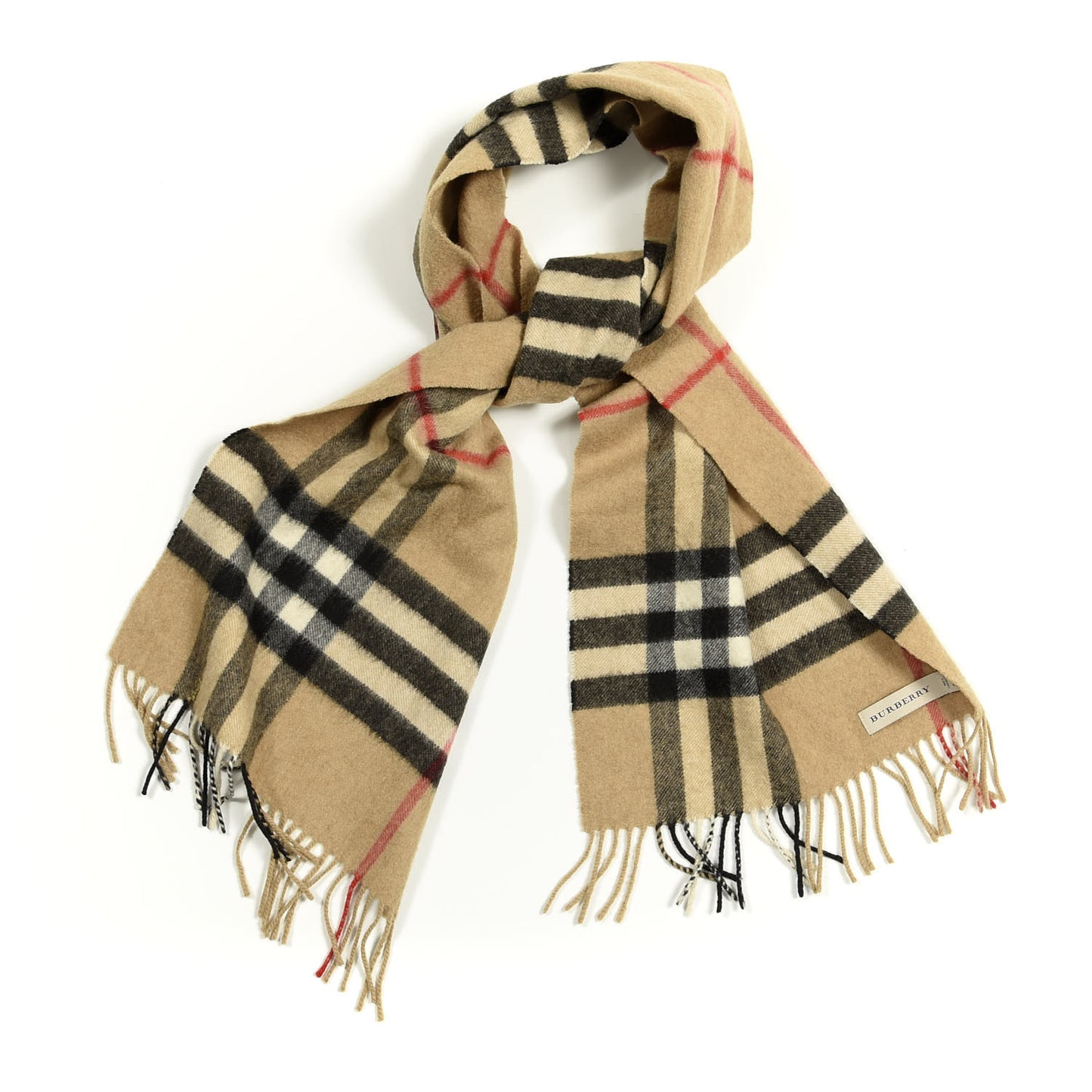 Cashmere Giant Check Fringe Scarf Camel