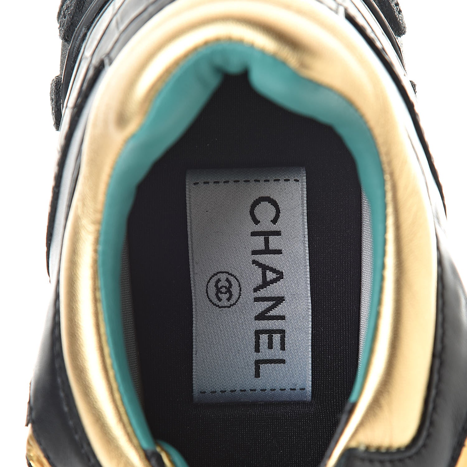 Chanel Metallic Fabric Calfskin Suede Crocodile Embossed CC Sneakers 38 Black Gold 9 of 10