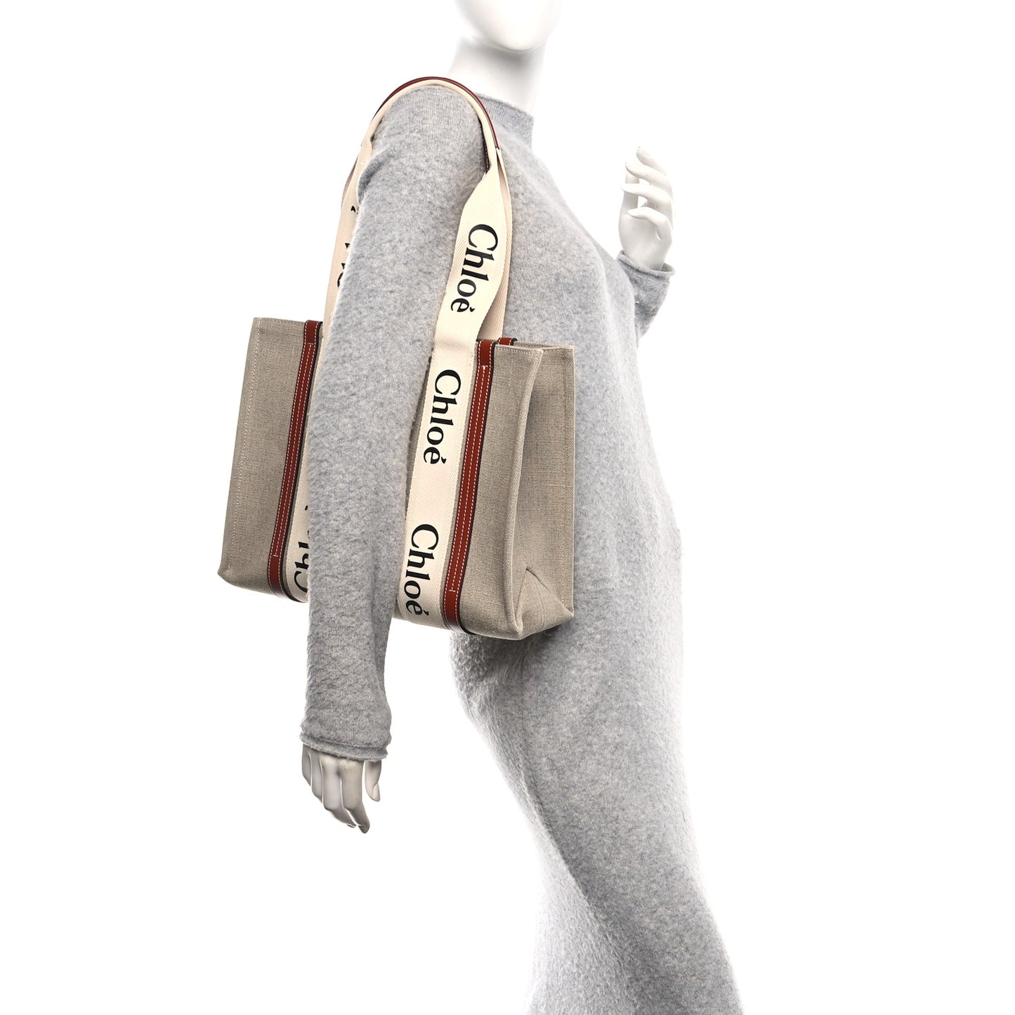 Linen Calfskin Medium Woody Ribbon Tote White Brown