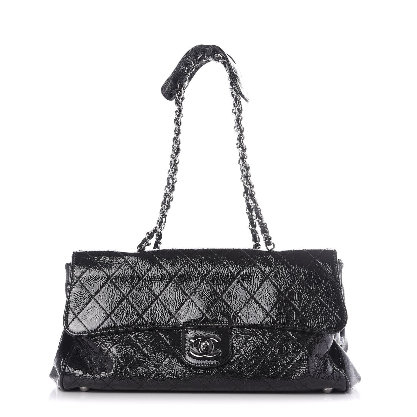 Distressed Patent Quilted Ritz Flap Bag Black