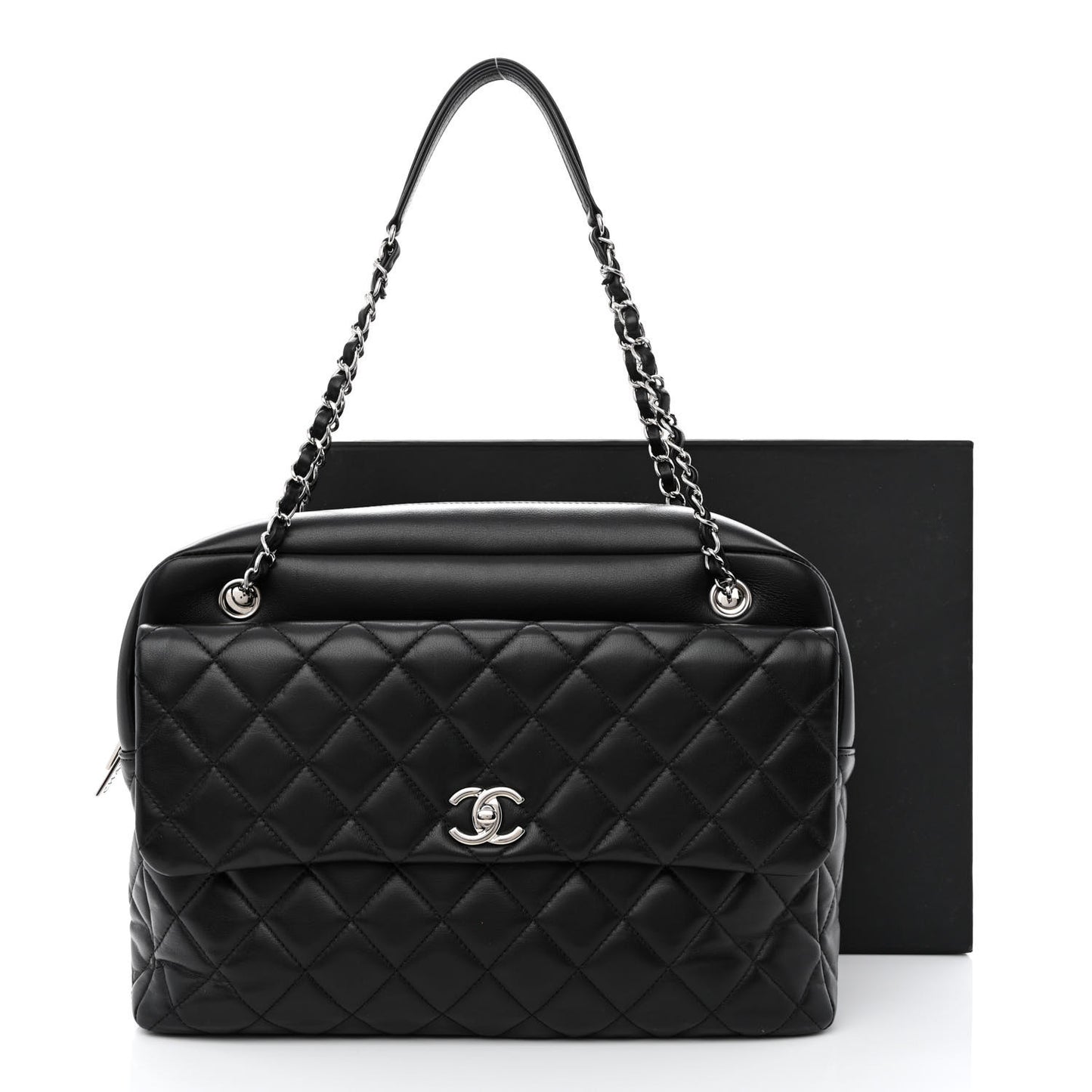 Lambskin Quilted Bowler Flap Shoulder Bag Black