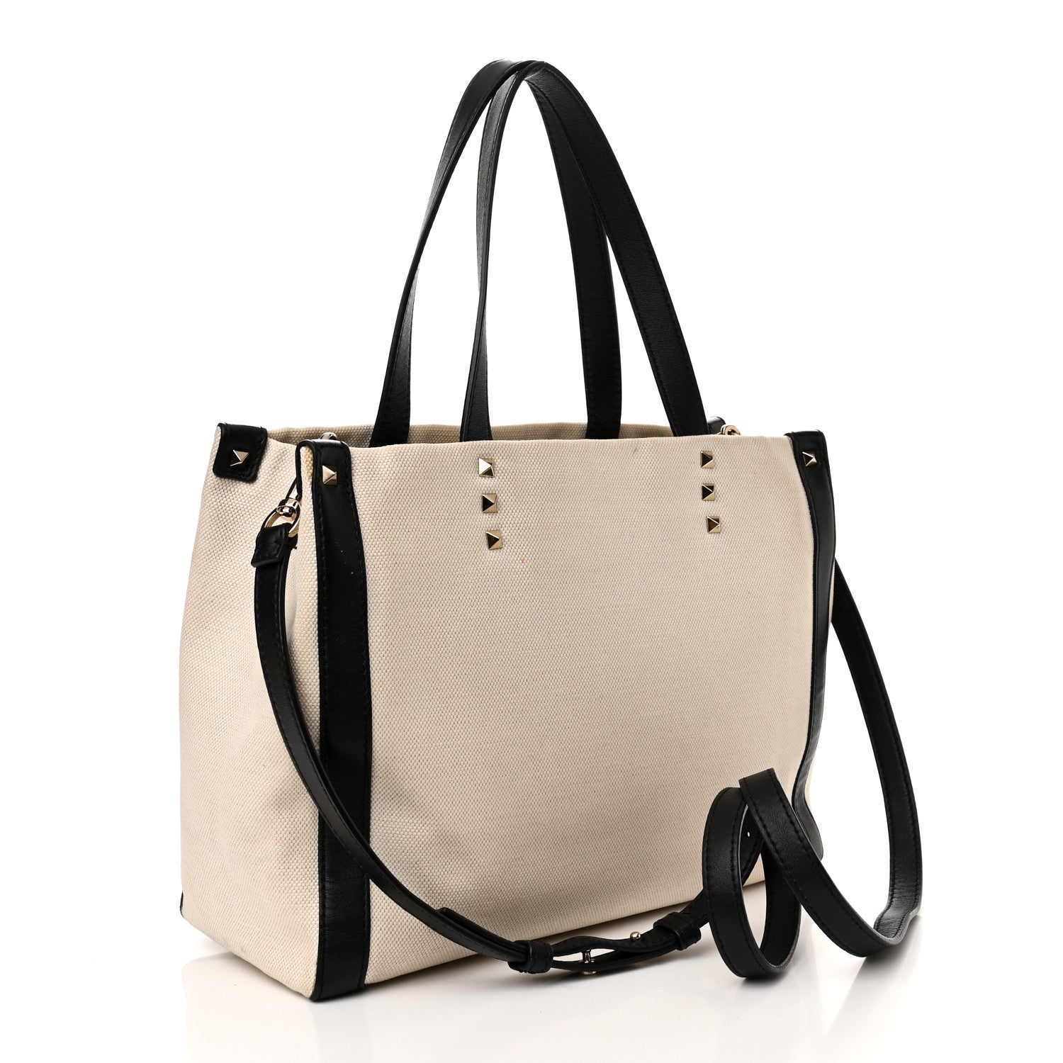 Valentino Garavani Canvas Calfskin VLTN Print Small Rockstud Tote Naturale Black 3 of 12