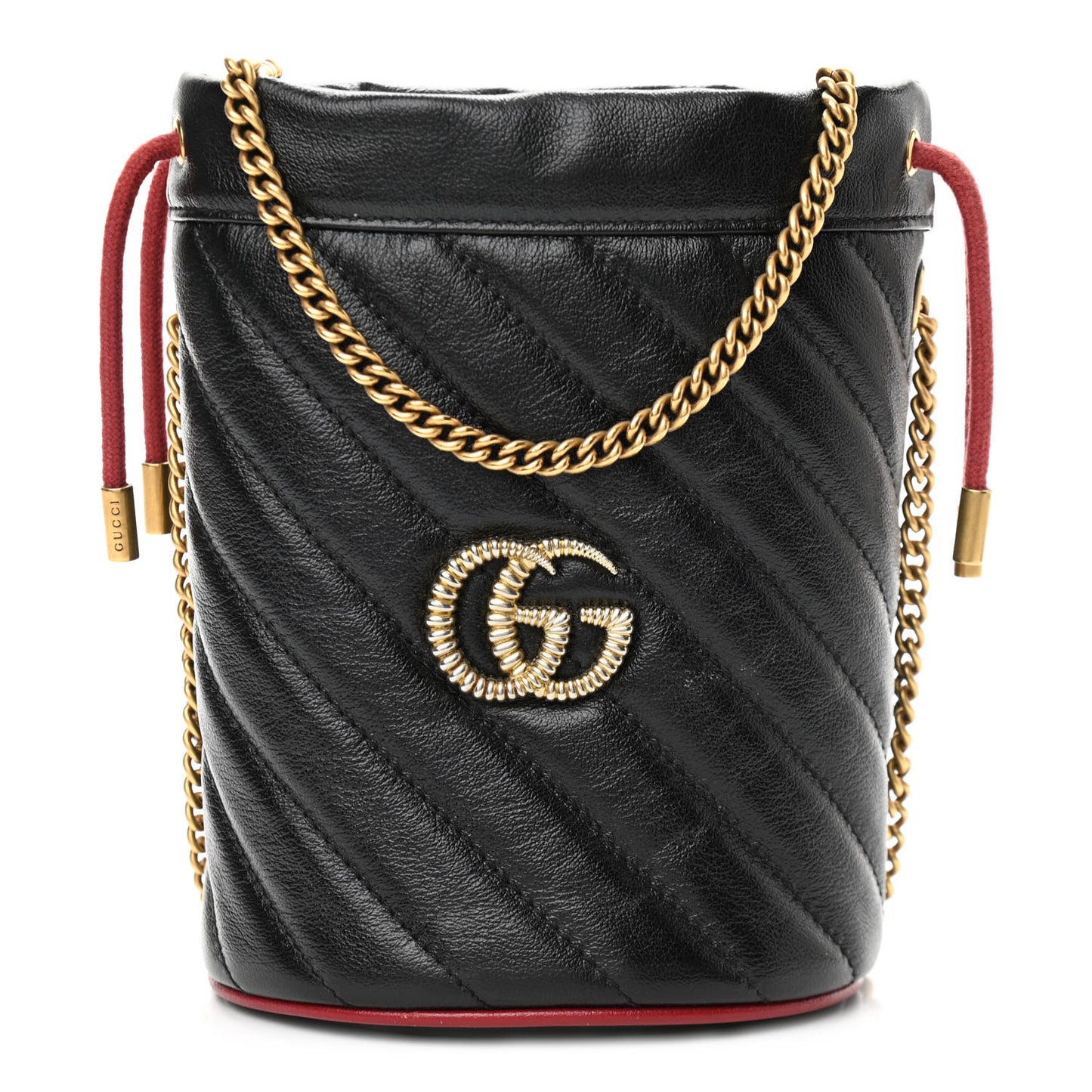 Vintage Effect Calfskin Matelasse Diagonal Mini Torchon GG Marmont 2.0 Bucket Bag Black Romantic Cherry