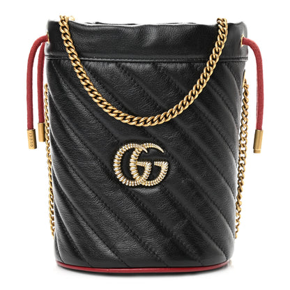 Gucci Vintage Effect Calfskin Matelasse Diagonal Mini Torchon GG Marmont 2.0 Bucket Bag Black Romantic Cherry 1 of 11