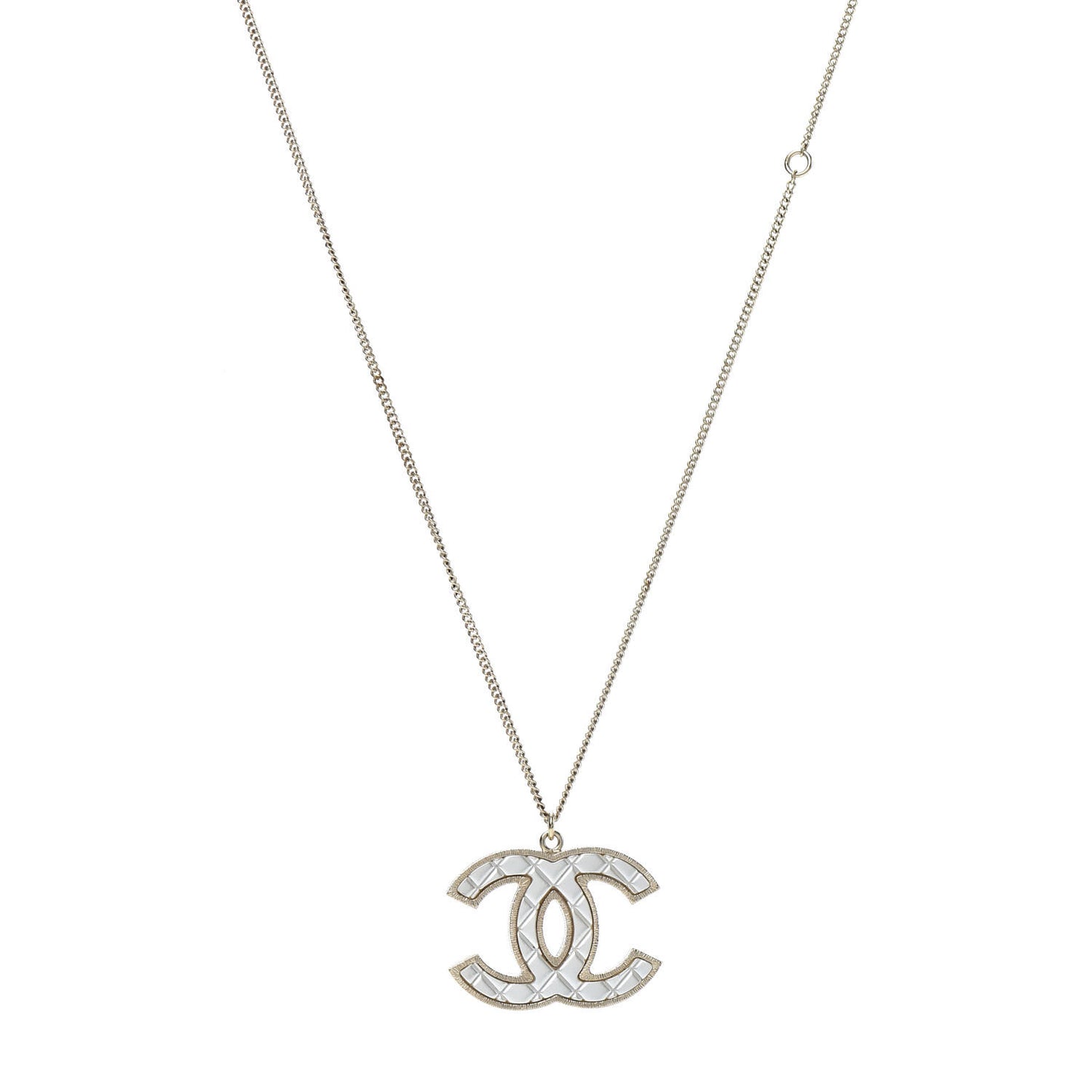 Metal Quilted CC Pendant Necklace Gold White
