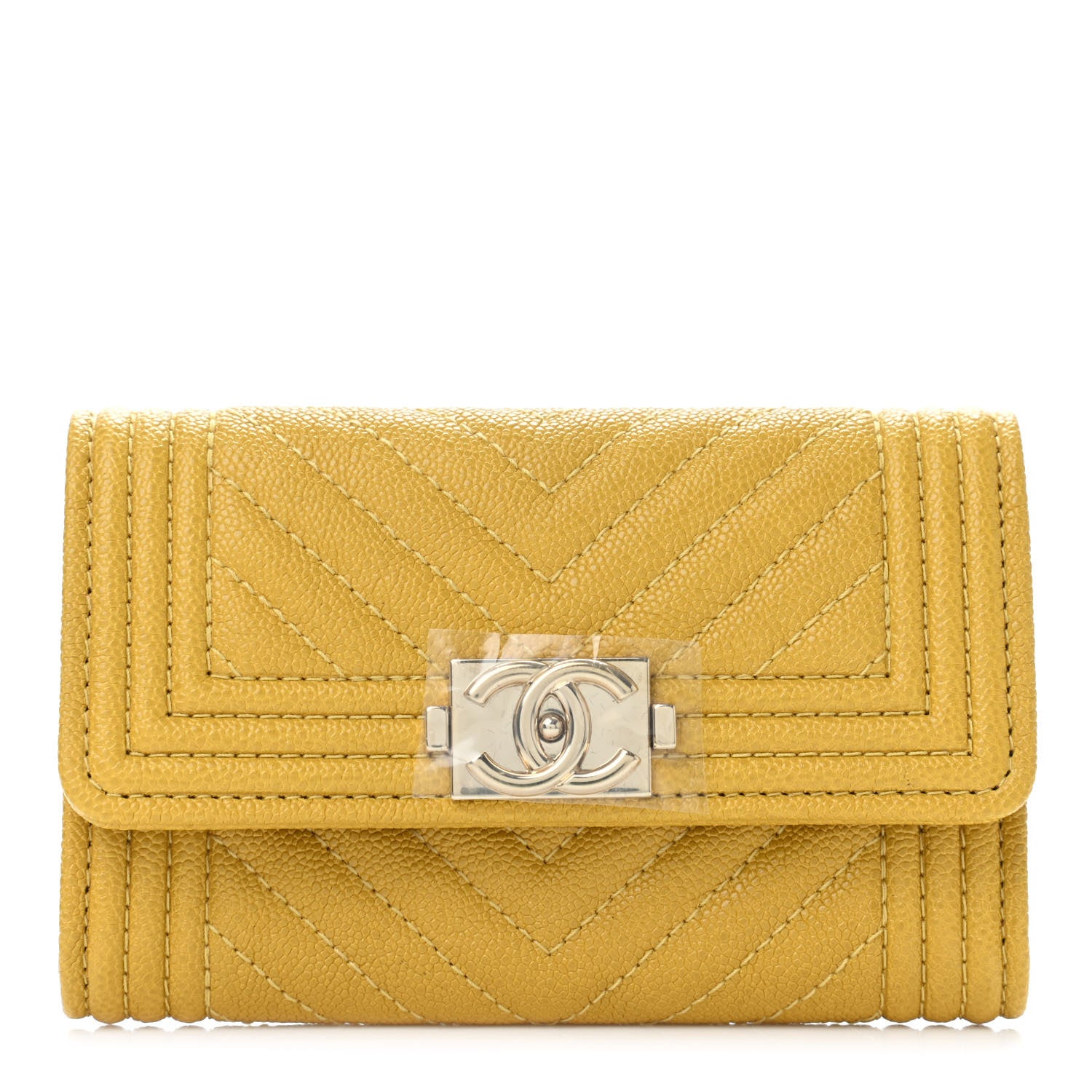 Chanel Caviar Chevron Quilted Boy Card Holder Yellow 1 of 4