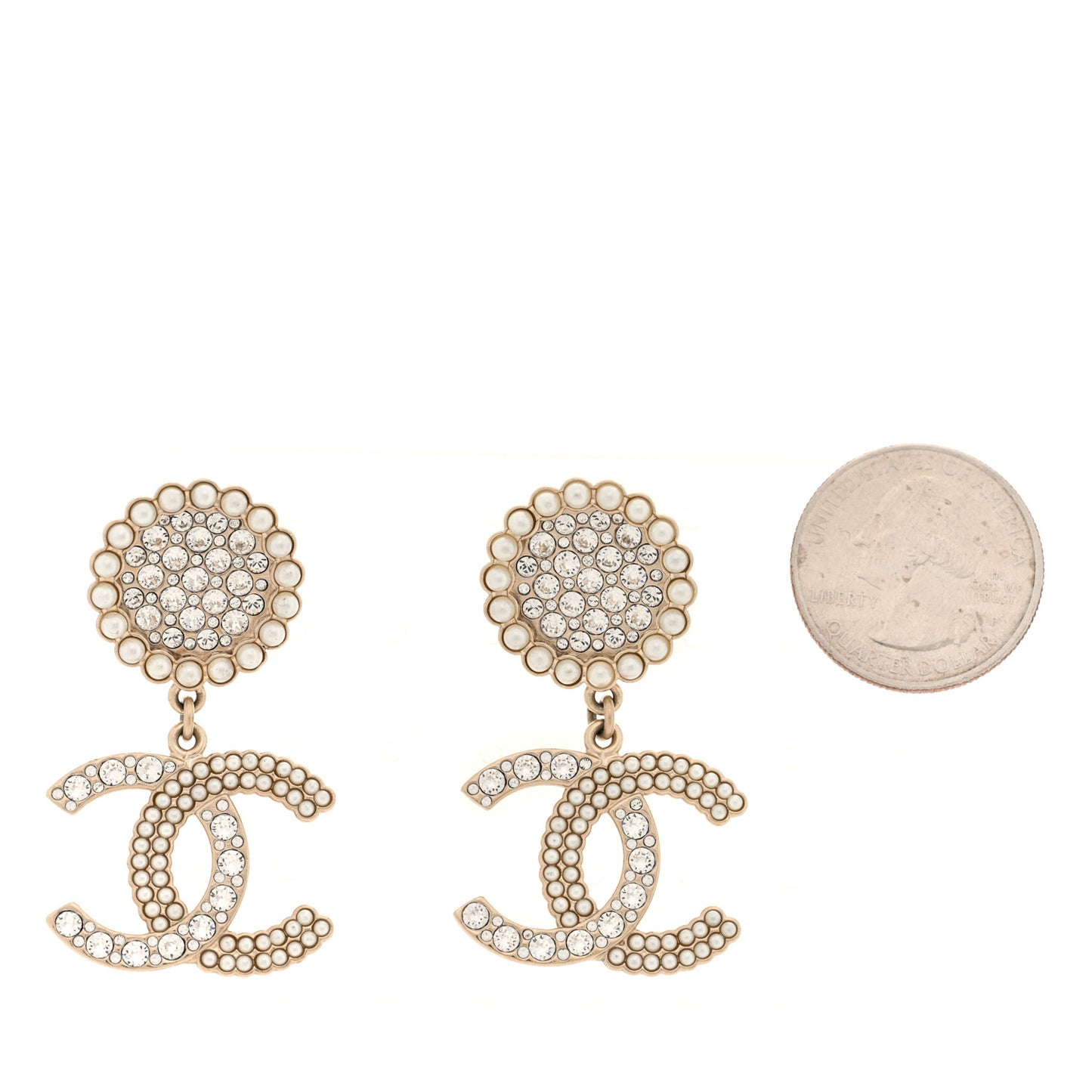 Crystal Pearl CC Drop Round Earrings Gold