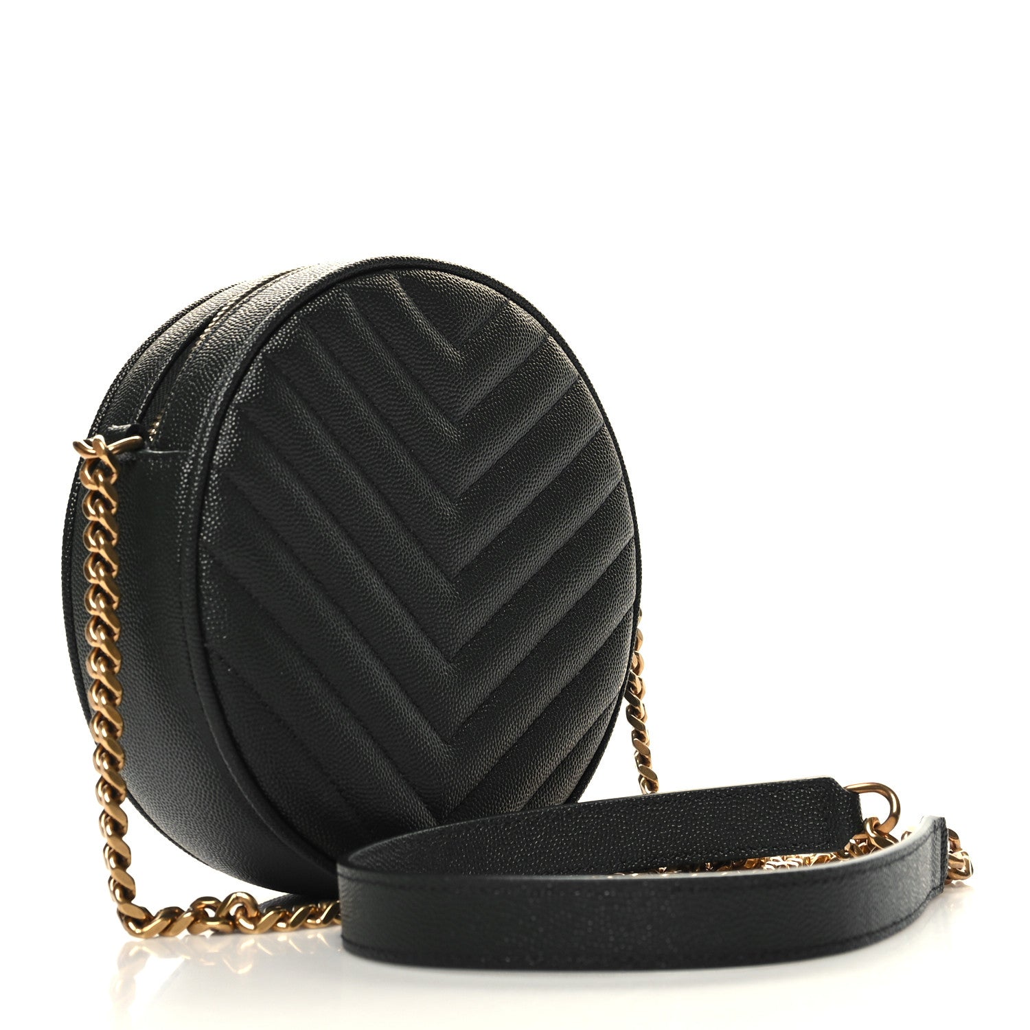 Saint Laurent Grain De Poudre Matelasse Chevron Quilted Round Vinyle Camera Bag New Vert Fonce 3 of 10