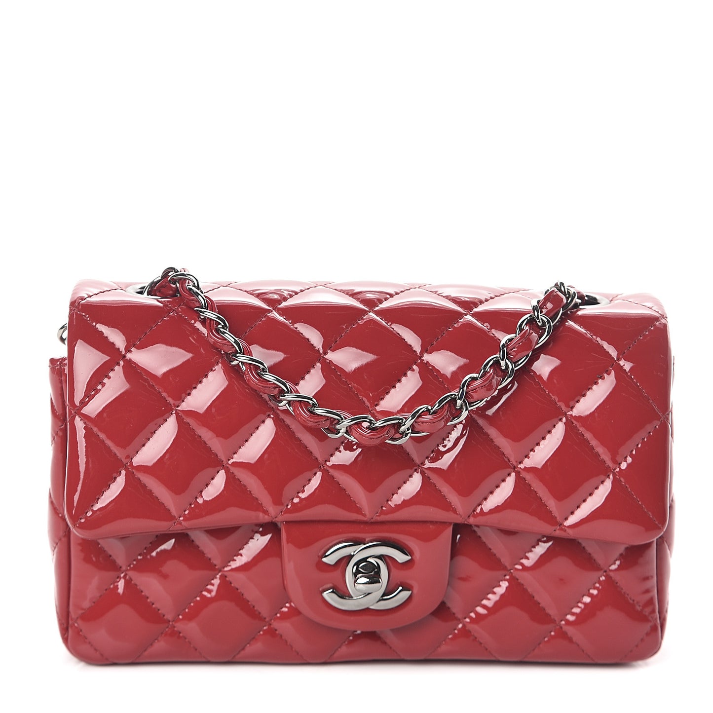 Patent Calfskin Quilted Mini Rectangular Flap Red
