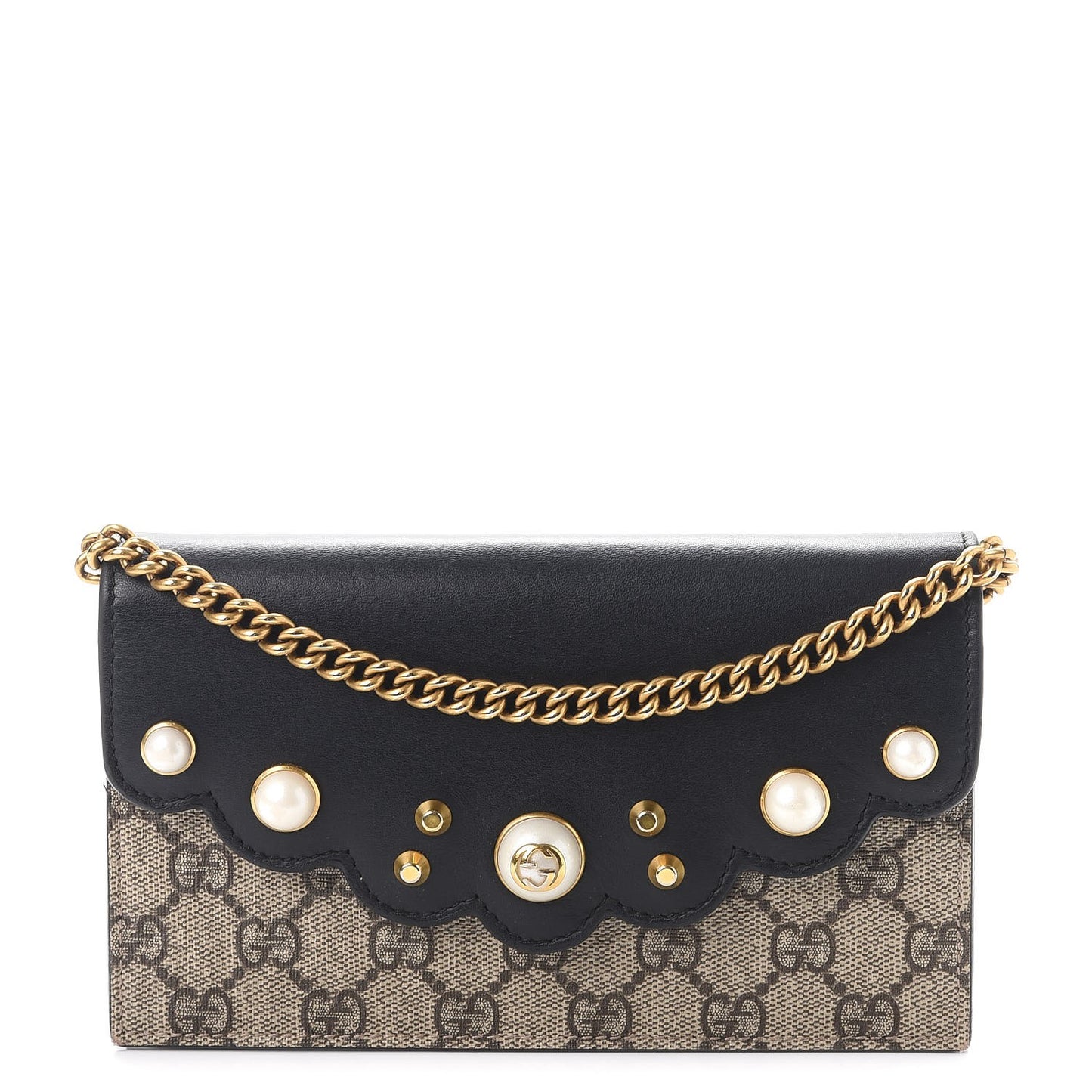 GG Supreme Monogram Mini Peony Pearly Wallet on Chain Black