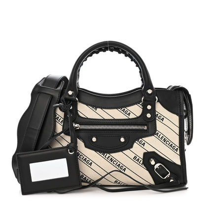 Balenciaga Canvas Satin Calfskin Diagonal Allover Logo Print Classic Silver Hardware Mini City Natural Black 1 of 11