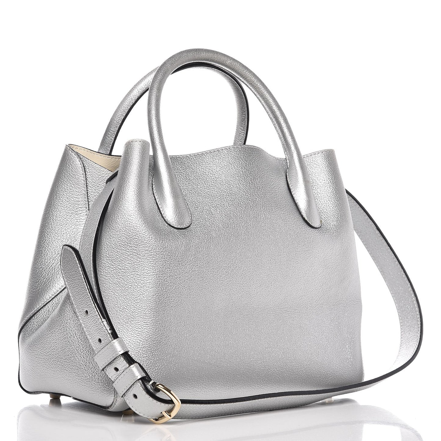 Metallic Supple Grained Calfskin Medium Open Bar Tote Silver