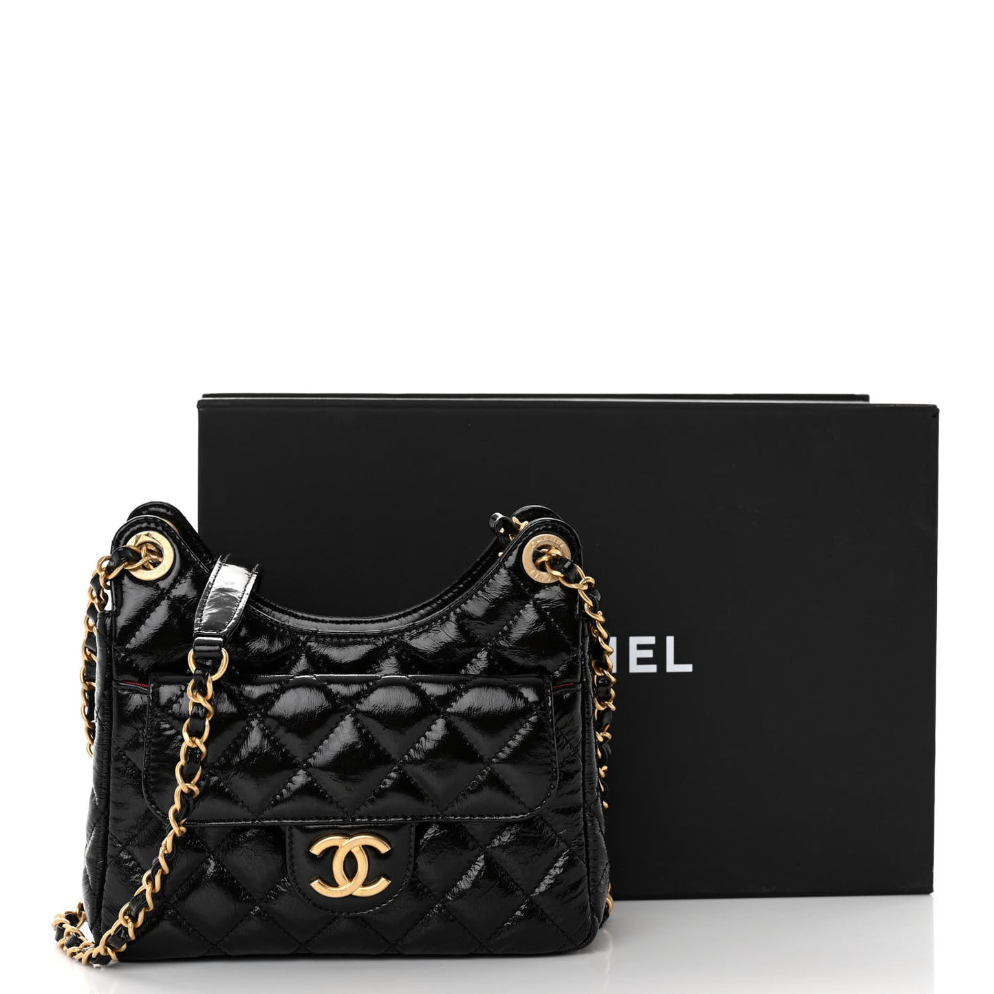 Shiny Crumpled Calfskin Quilted Small Wavy CC Hobo Black