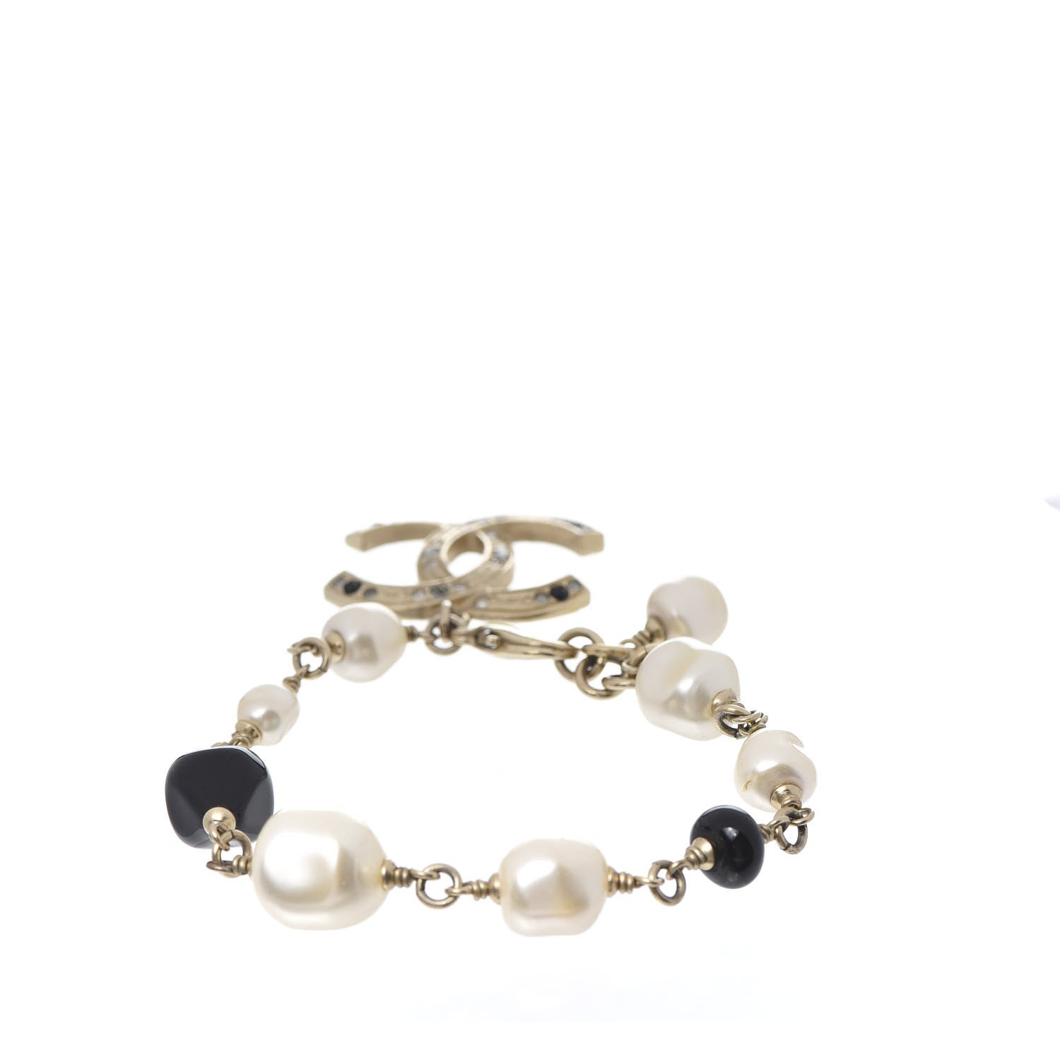 Chanel Pearl Crystal Beaded CC Bracelet Black Gold 3 of 4
