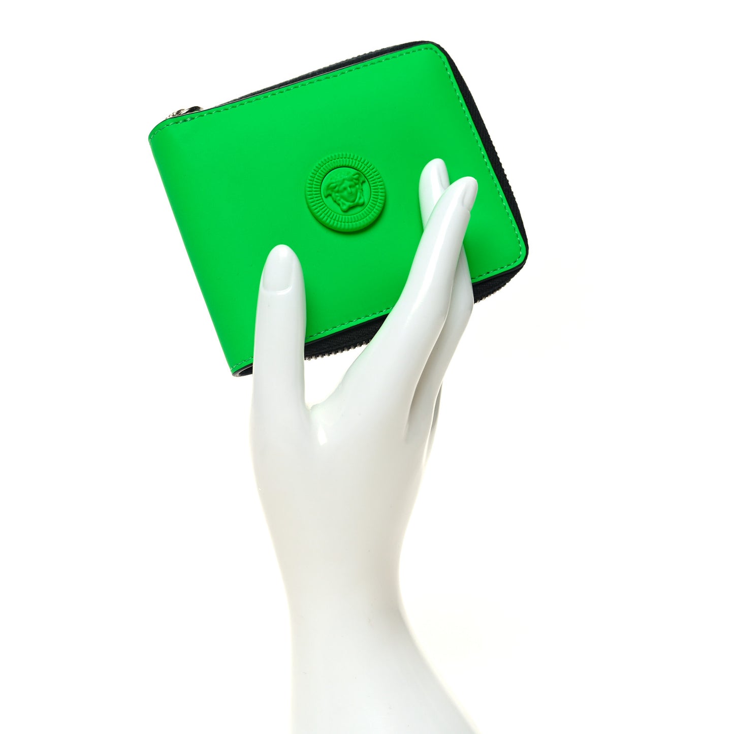 Calfskin Rubber Medusa Biggie Bifold Compact Zip Around Wallet Lime