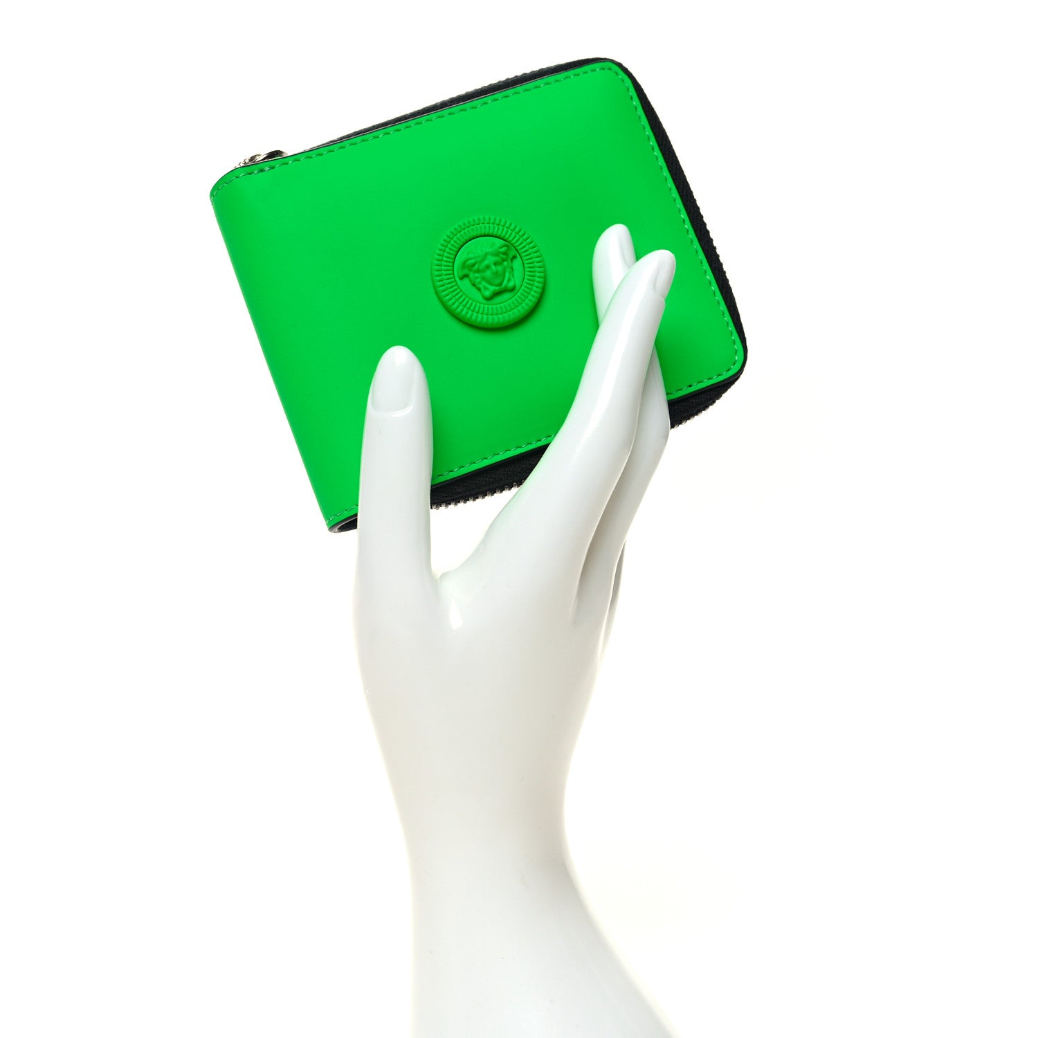 Versace Calfskin Rubber Medusa Biggie Bifold Compact Zip Around Wallet Lime 2 of 9