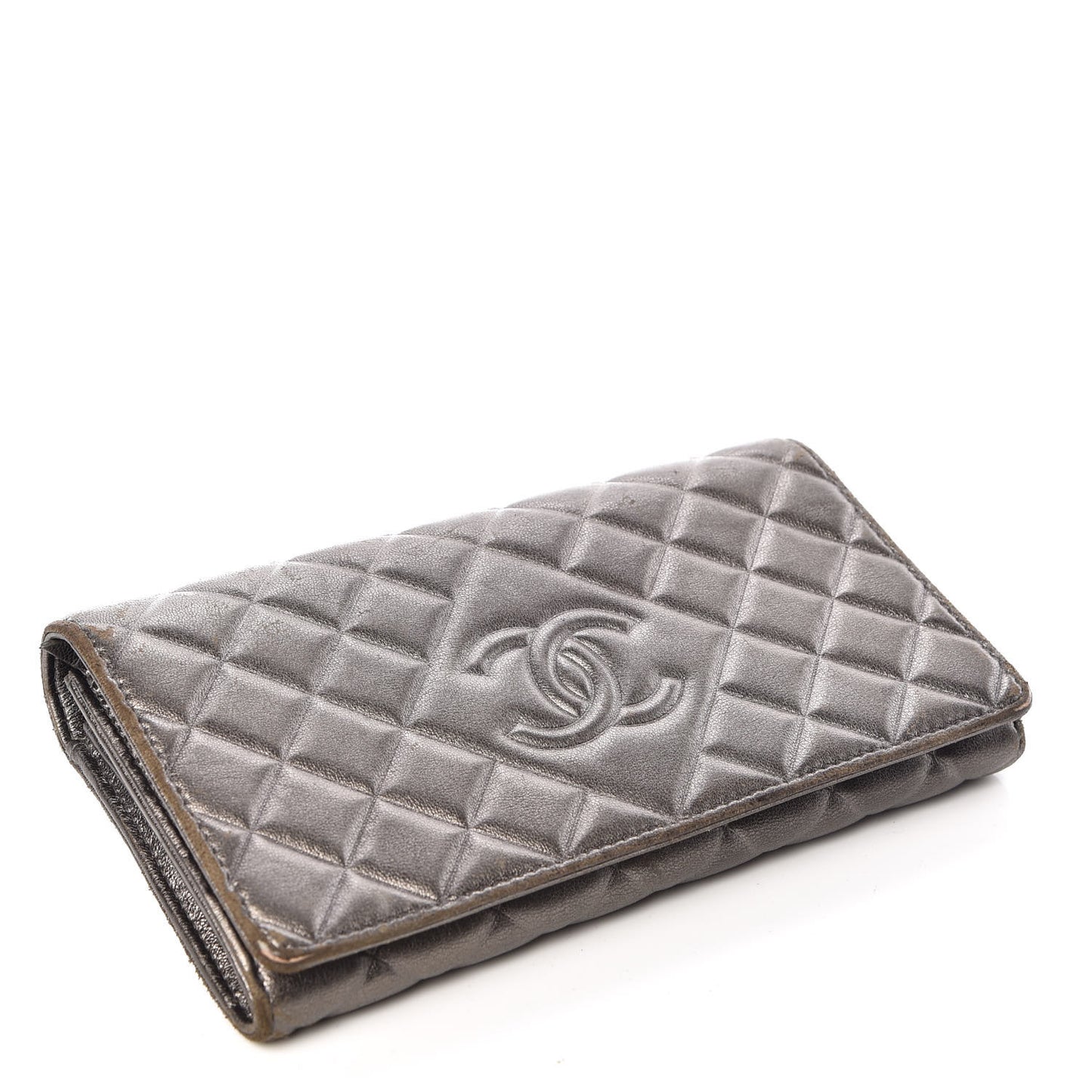 Calfskin Quilted Large Diamond CC Flap Wallet Dark Silver