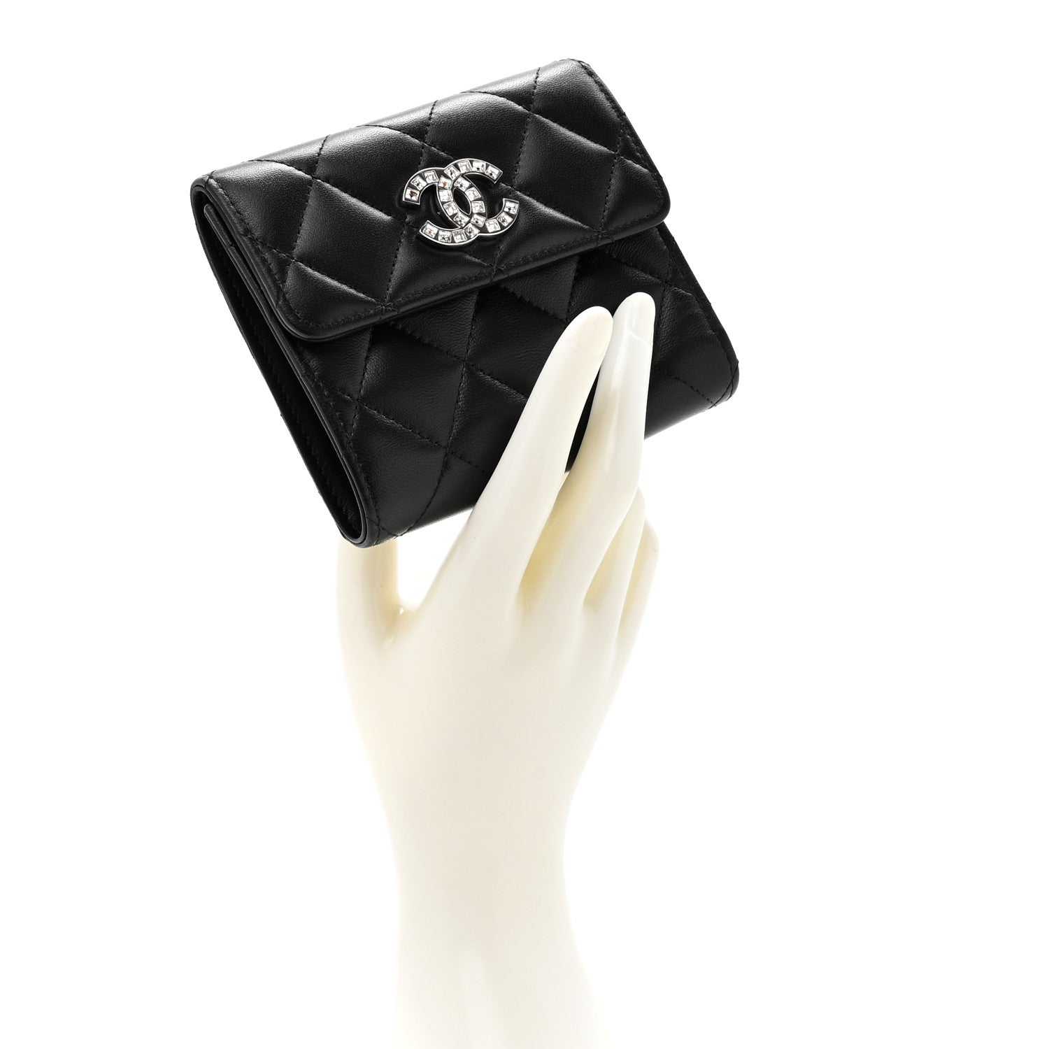 Chanel Lambskin Quilted Baguette Crystal Small Compact Wallet Black 2 of 9